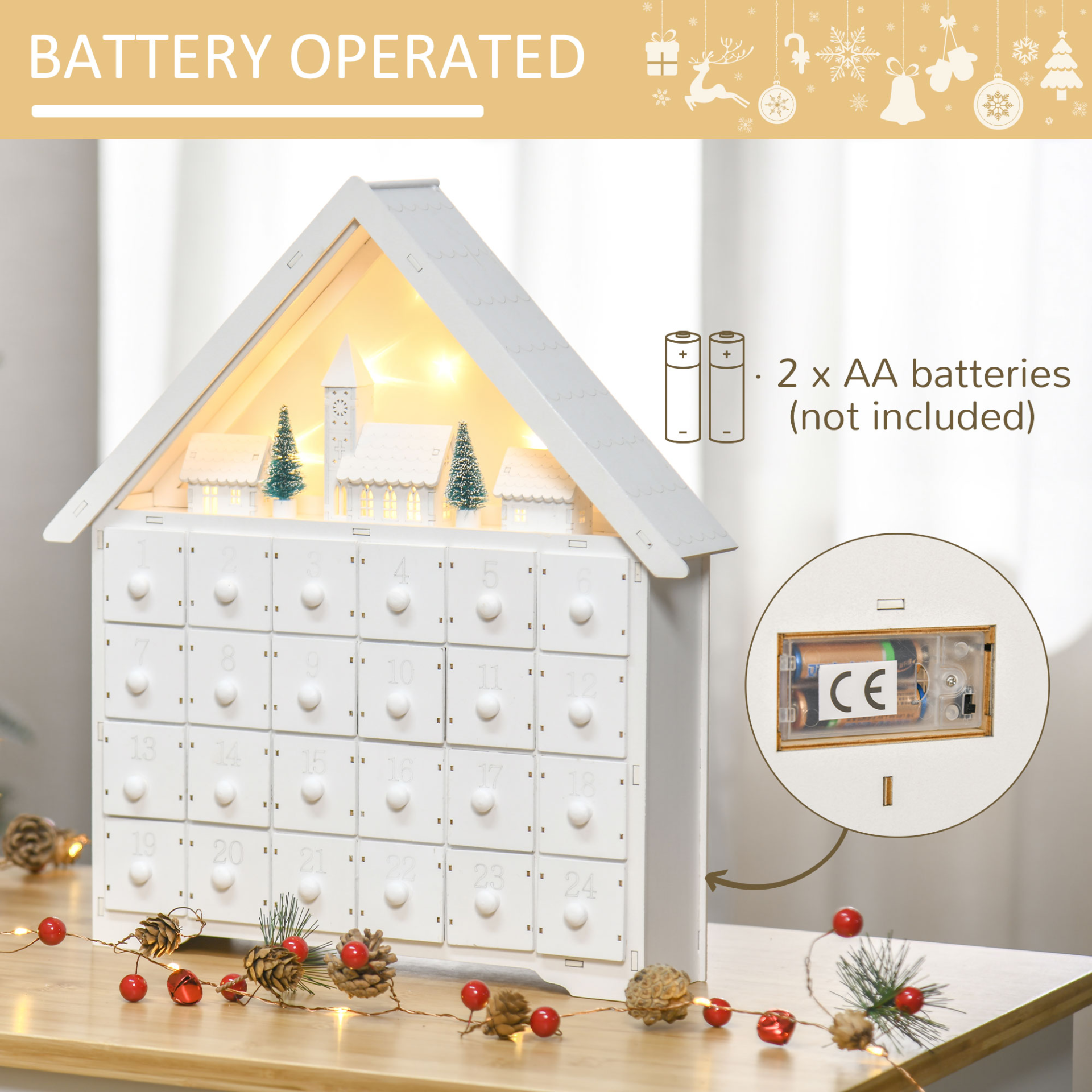 HOMCOM 24-Drawer Wooden Christmas Advent Calendar | Light-Up Holiday Decoration for Kids & Adults MyLibelula