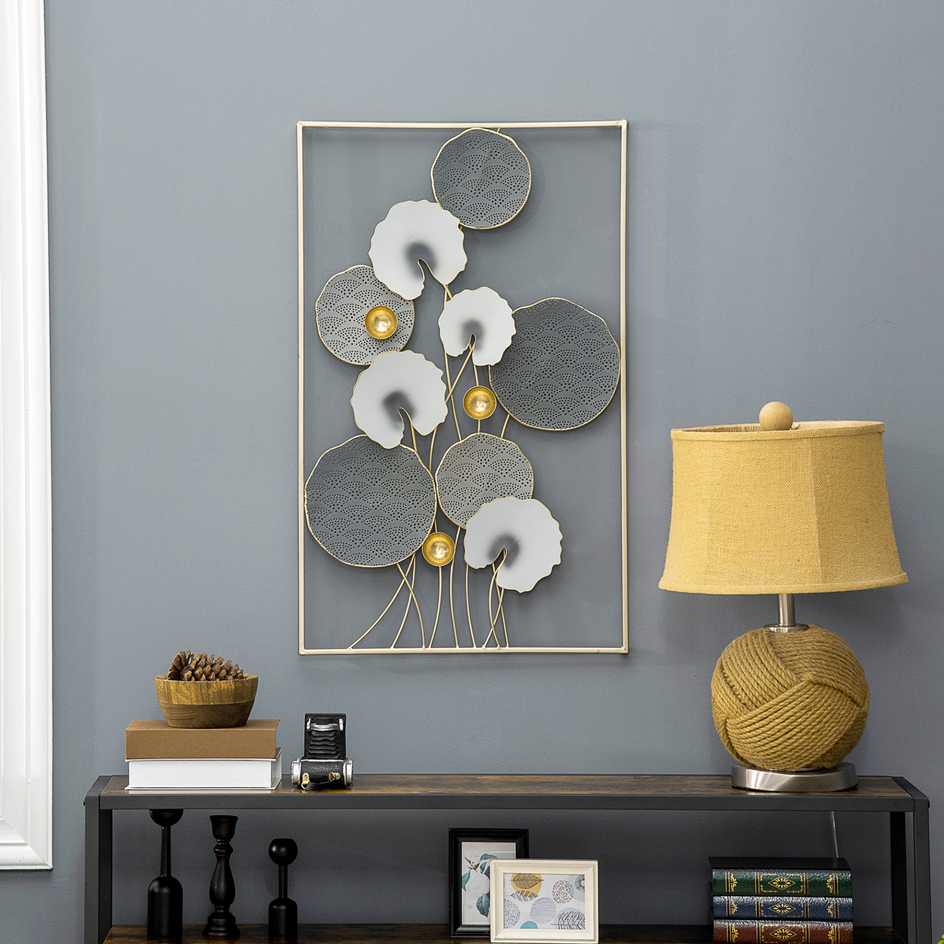 HOMCOM 3D Metal Wall Art Modern Lotus Leaves Hanging Wall Sculpture Home Decor for Living Room Bedroom Dining Room, Grey Gold MyLibelula