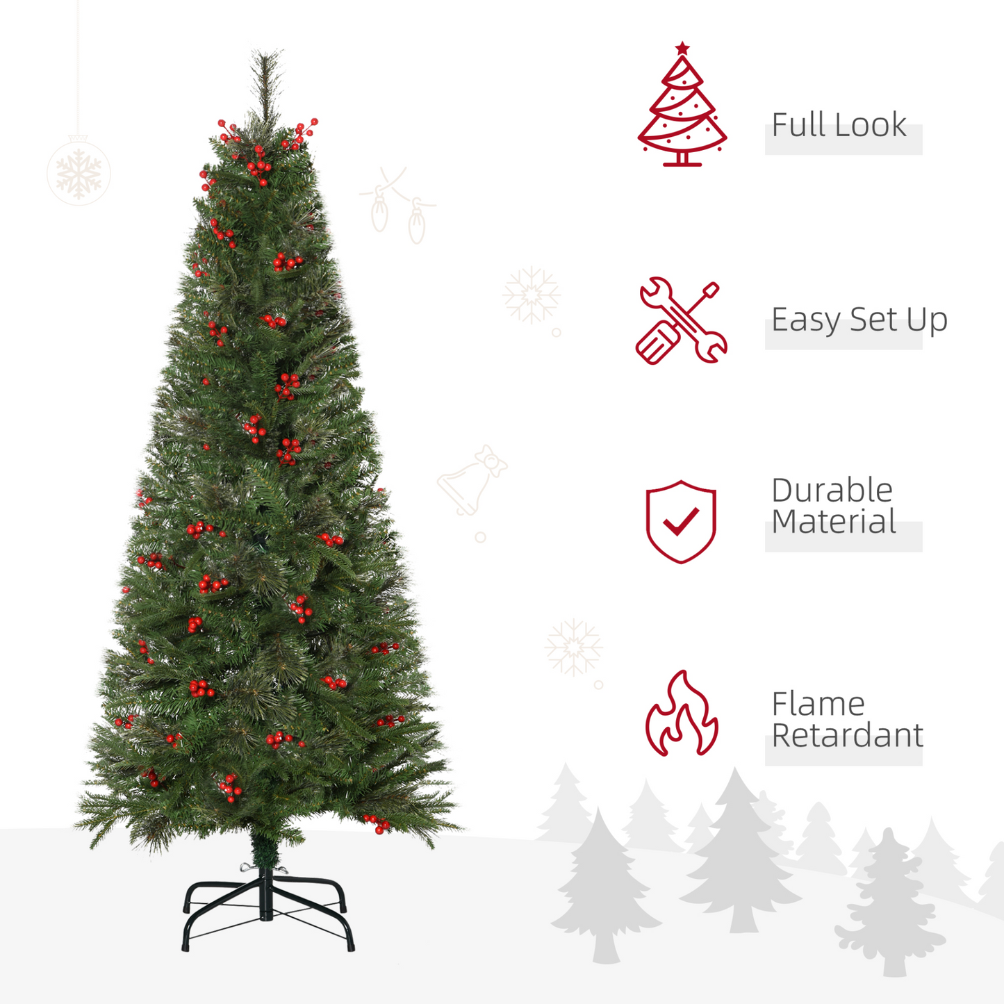 HOMCOM 5ft Pencil Artificial Christmas Tree with Realistic Branches, Red Berries, Auto Open, Green - Ideal for Small Spaces MyLibelula