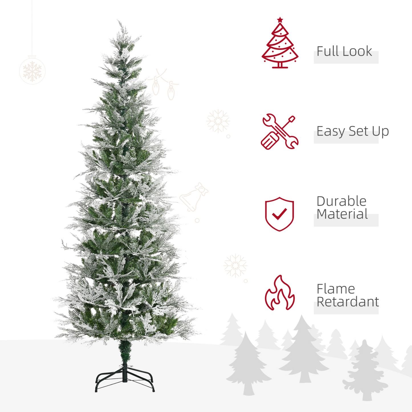 HOMCOM 7 Ft Pencil Snow Flocked Artificial Christmas Tree with Realistic Cypress Branches, Auto Open, Green - Perfect for a Winter Wonderland MyLibelula