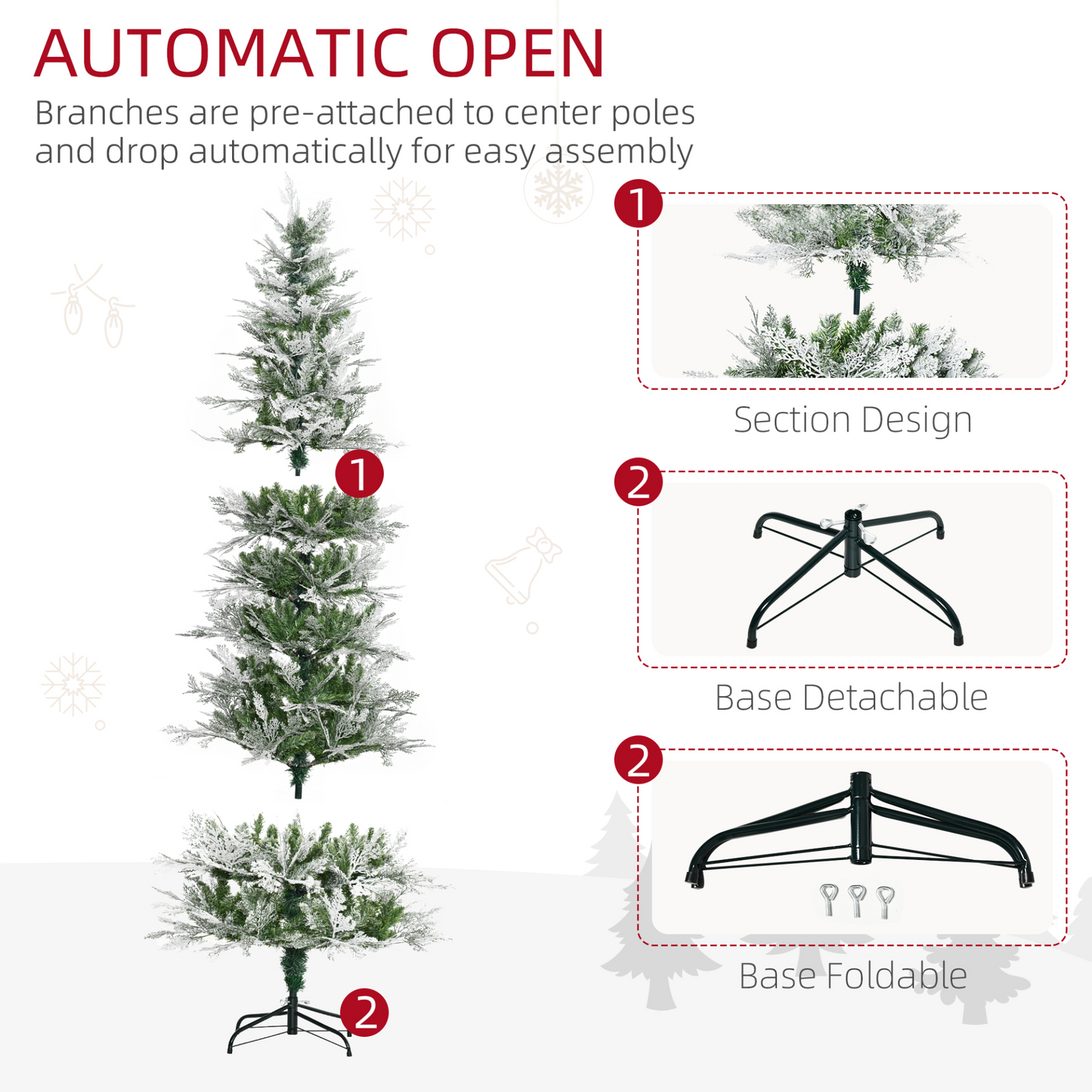 HOMCOM 7 Ft Pencil Snow Flocked Artificial Christmas Tree with Realistic Cypress Branches, Auto Open, Green - Perfect for a Winter Wonderland MyLibelula