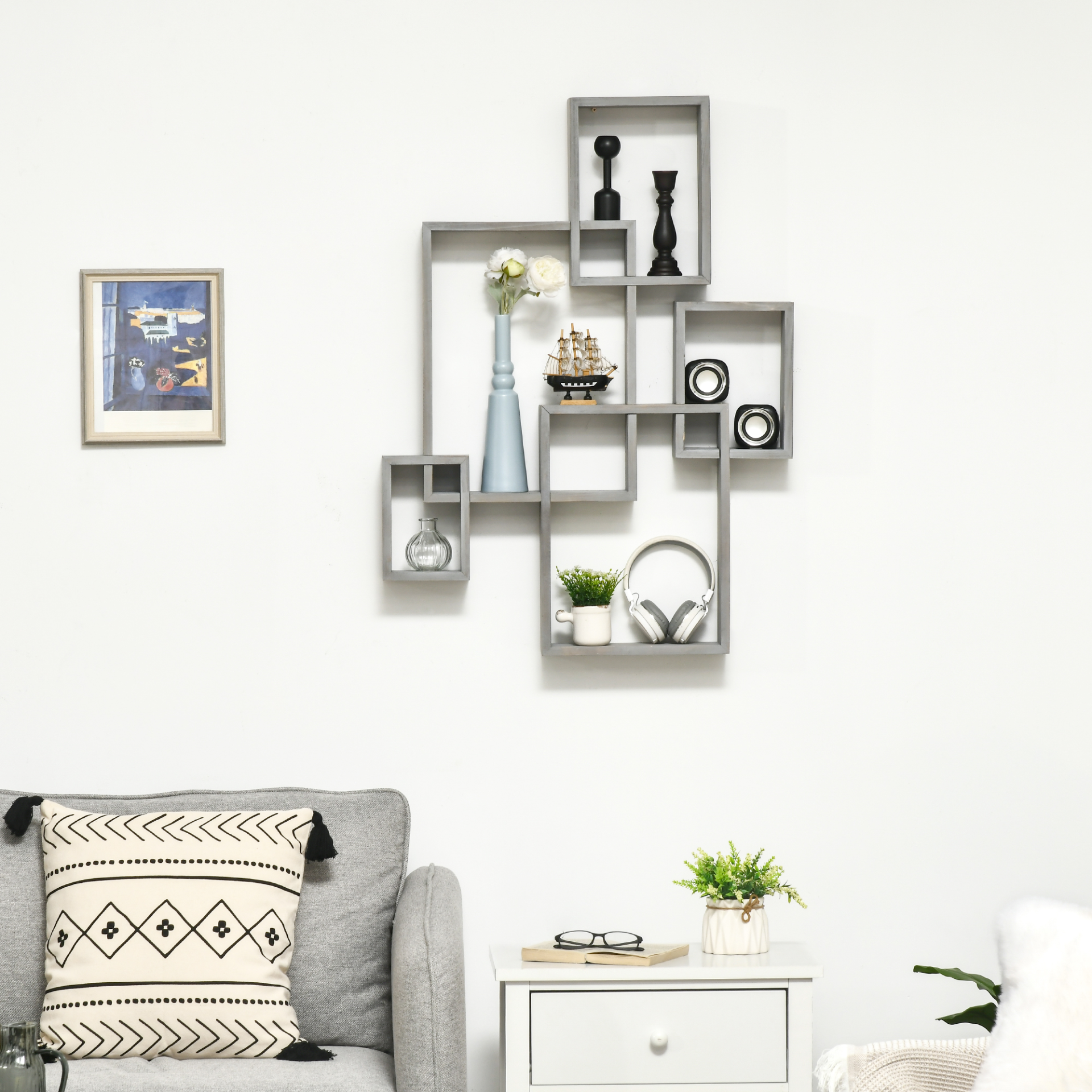 HOMCOM Floating Shelves - Wall Mounted Interlocking Cube Shelves - Display Wall Shelf for Living Room, Bedroom, Hallways, Grey MyLibelula