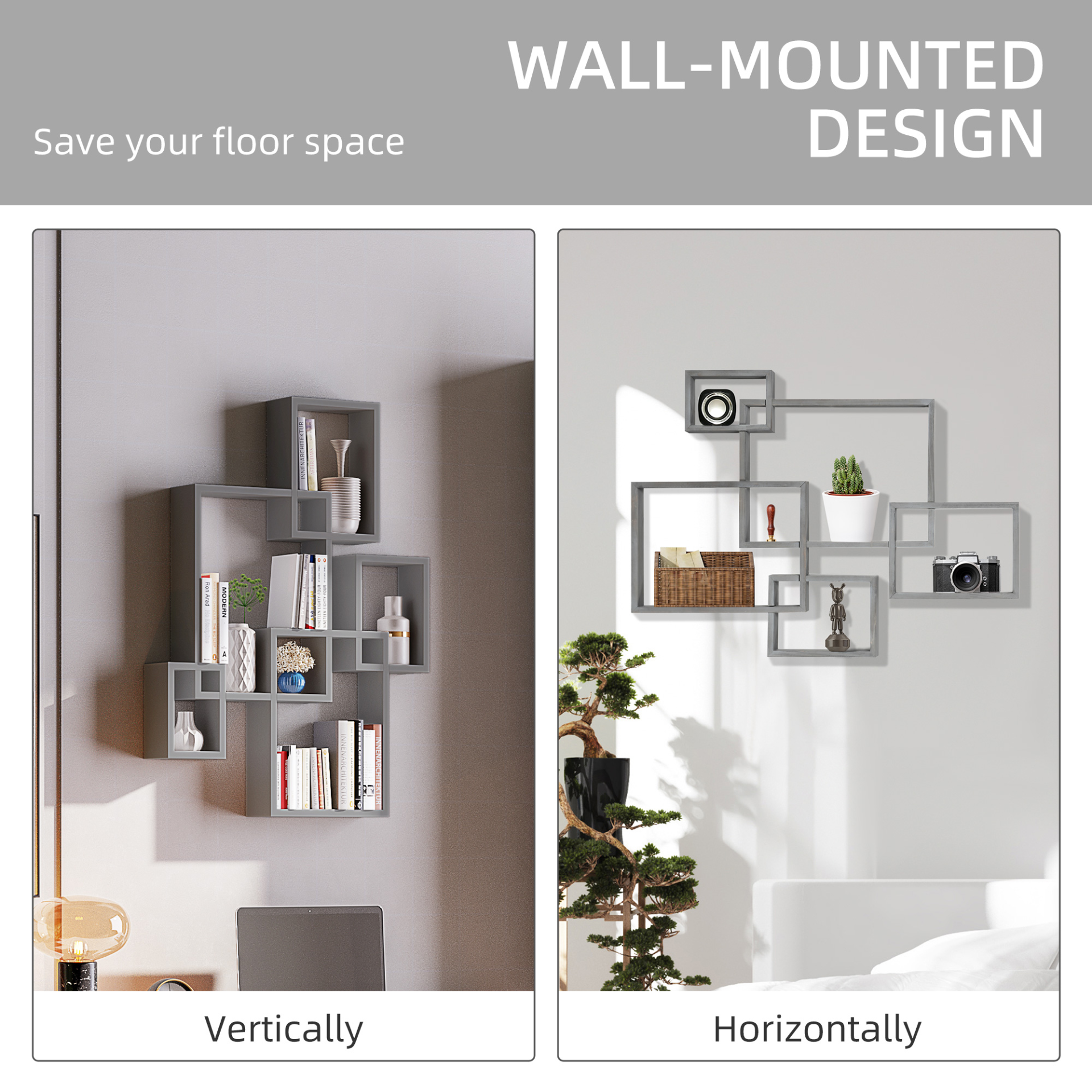 HOMCOM Floating Shelves - Wall Mounted Interlocking Cube Shelves - Display Wall Shelf for Living Room, Bedroom, Hallways, Grey MyLibelula