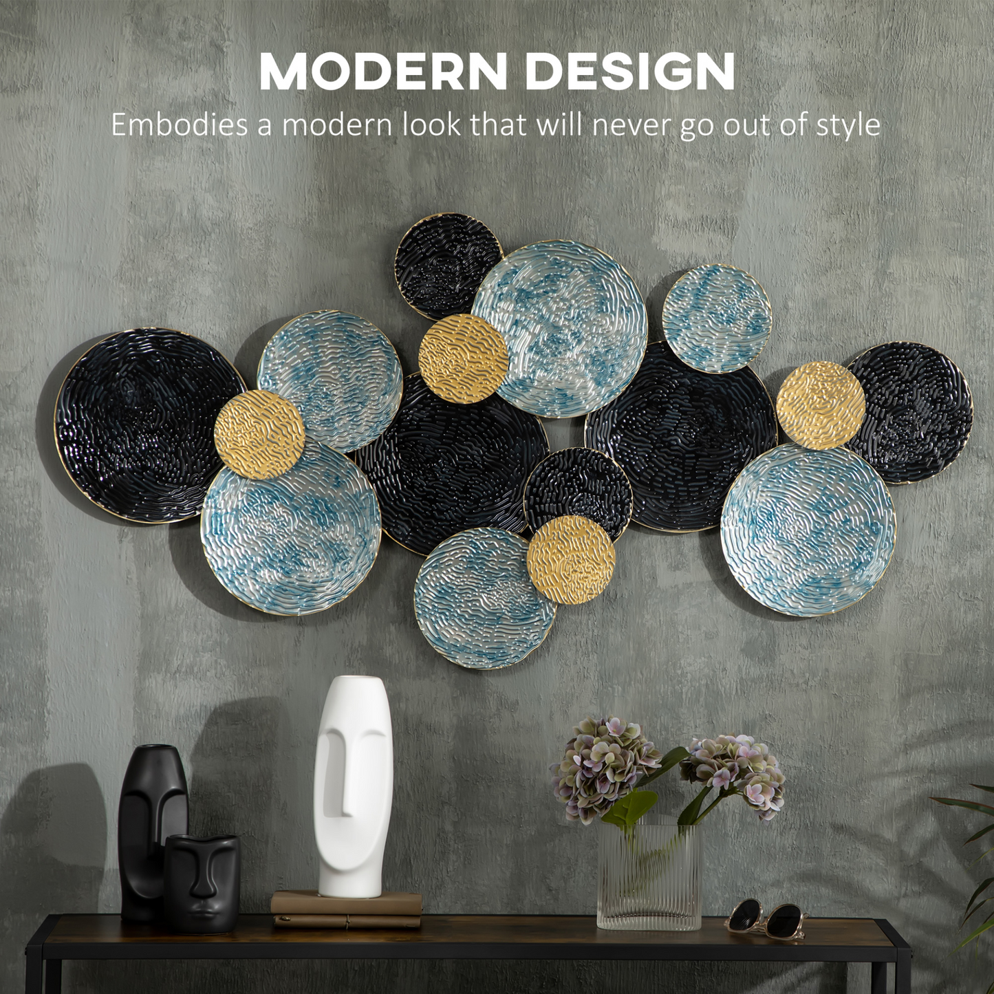 HOMCOM 3D Metal Wall Art Modern Circle Hanging Wall Sculptures Home Decor for Living Room Bedroom Dining Room, Blue Black Gold MyLibelula