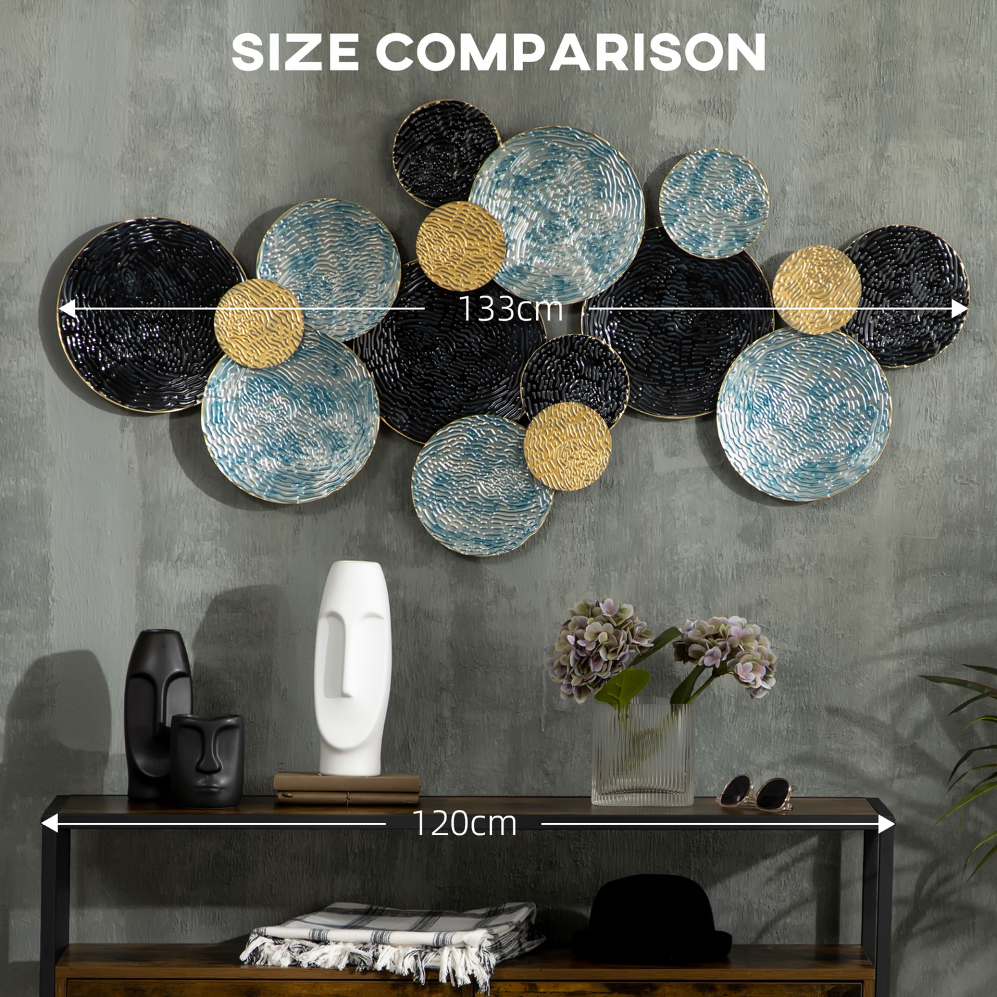 HOMCOM 3D Metal Wall Art Modern Circle Hanging Wall Sculptures Home Decor for Living Room Bedroom Dining Room, Blue Black Gold MyLibelula