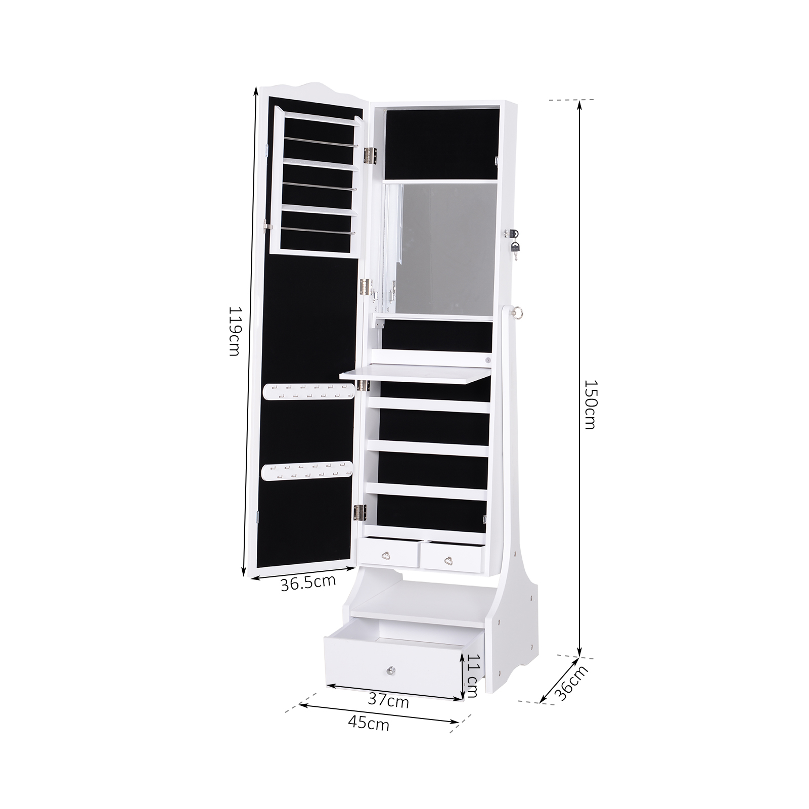 HOMCOM LED Jewellery Cabinet Armoire with Mirror, Shelves and Lock - Floor Standing, White MyLibelula