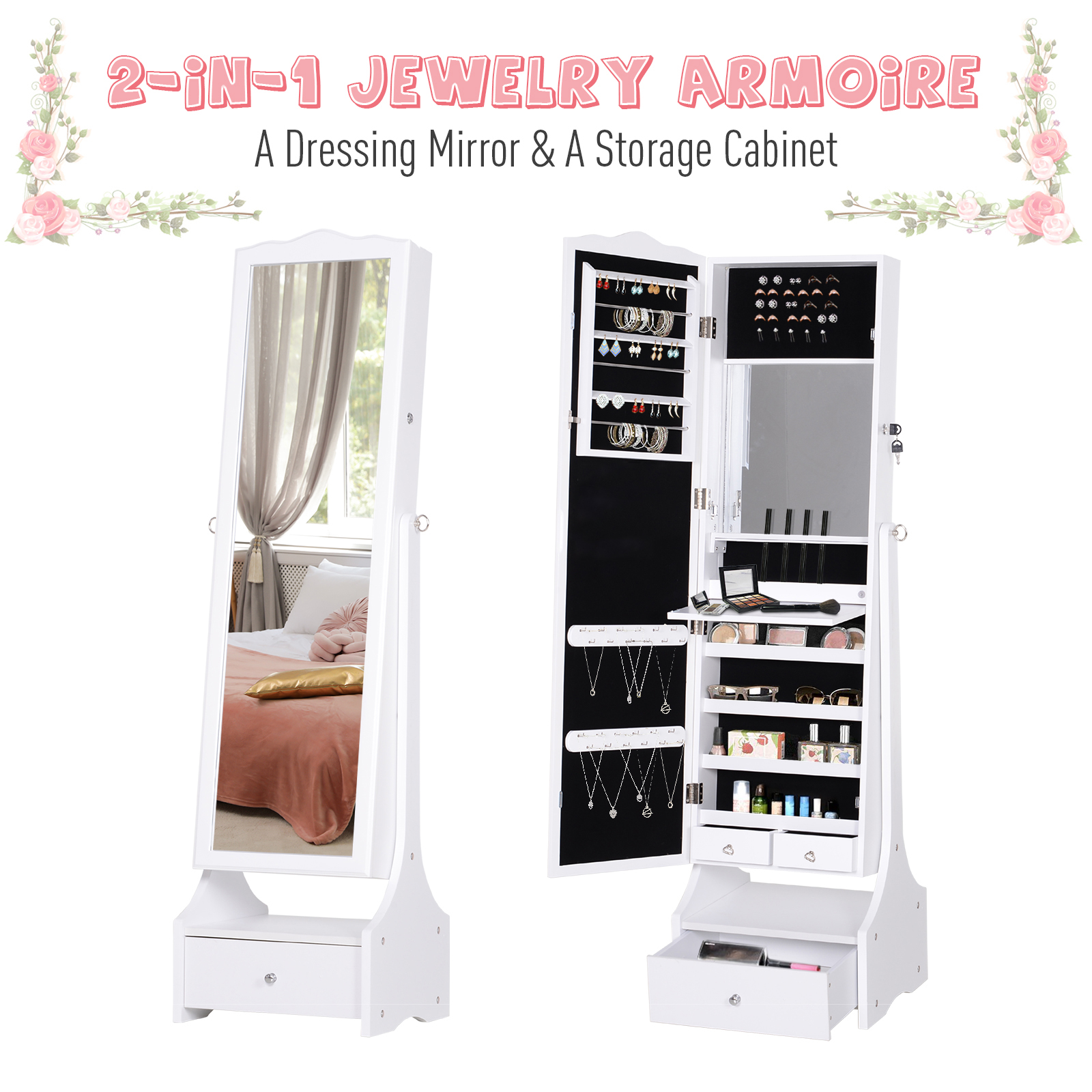 HOMCOM LED Jewellery Cabinet Armoire with Mirror, Shelves and Lock - Floor Standing, White MyLibelula