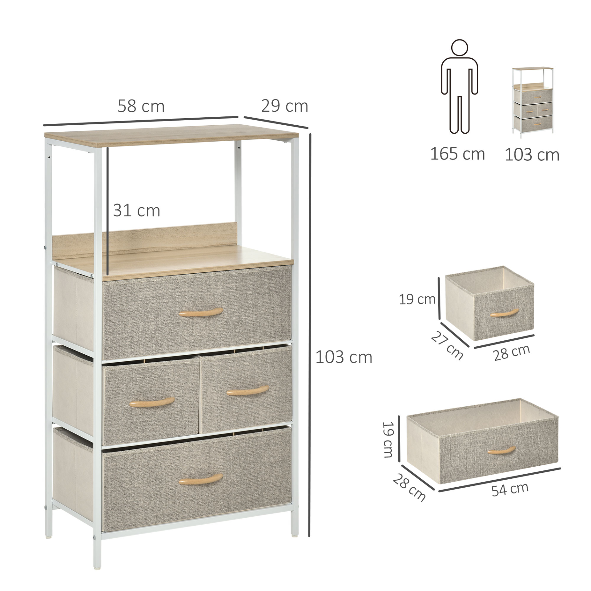 HOMCOM 4 Drawer Storage Chest Unit with Shelves for Home Living Room, Bedroom, Entryway - White & Light Grey MyLibelula