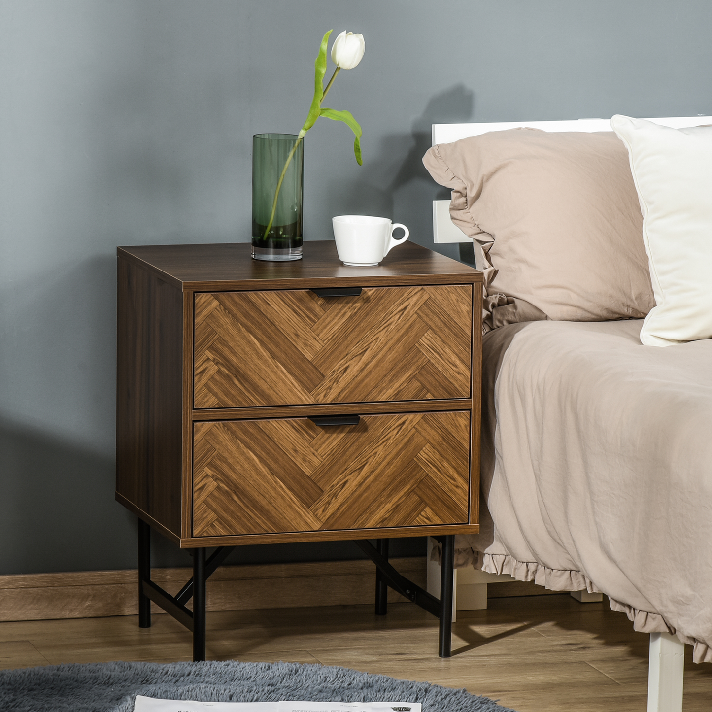 HOMCOM Bedside Table with Two Drawers, Walnut Brown - Elegant Side Cabinet with Metal Handles for Bedroom & Living Room MyLibelula