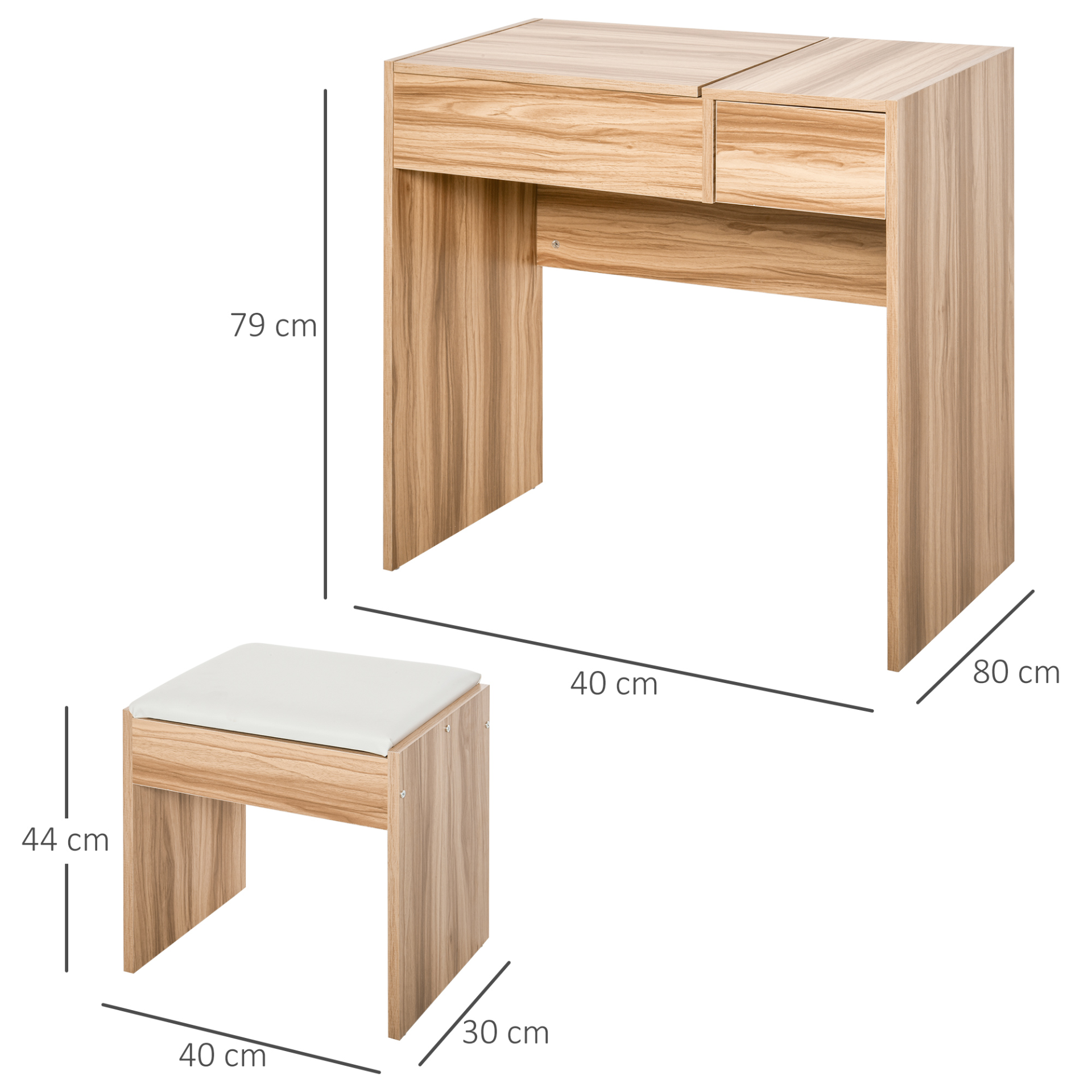 HOMCOM Chipboard Dressing Table Set with Cushioned Stool, Flip-up Mirror & Drawer - Wood Grain Finish MyLibelula