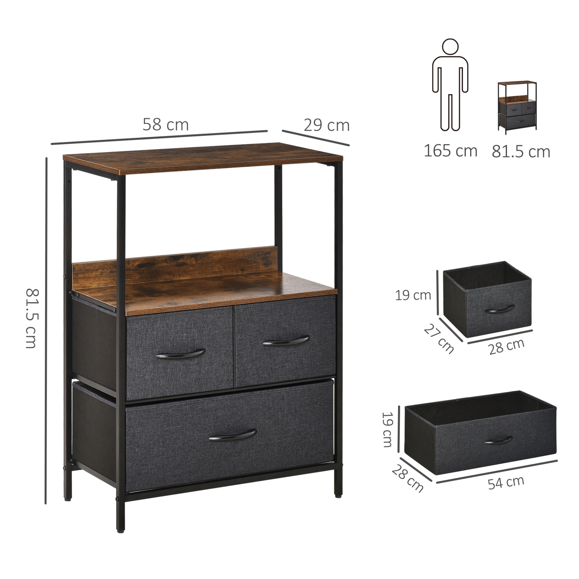 HOMCOM 3 Drawer Storage Chest Unit - Stylish Home Cabinet with Shelves - Perfect for Living Room, Bedroom, Entryway - Black MyLibelula