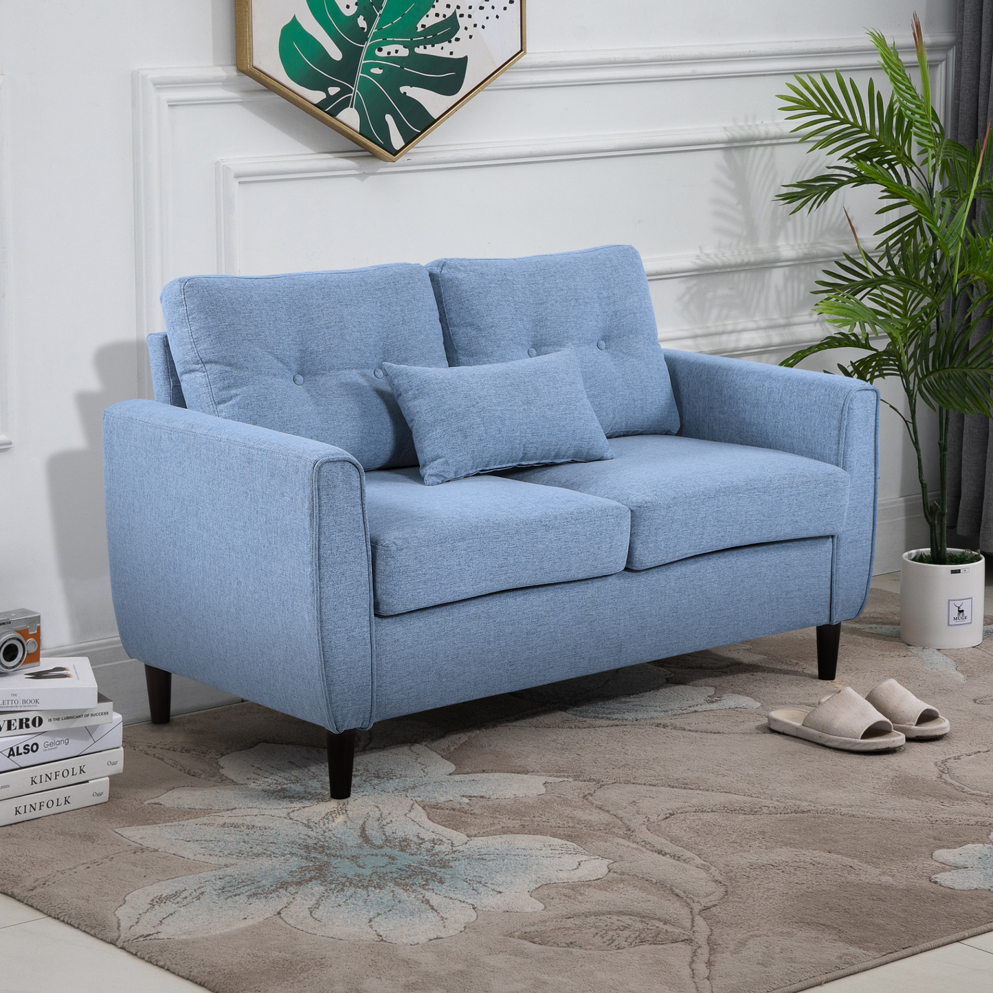 2 Seat Sofa Double Sofa Loveseat Fabric Wooden Legs Tufted Design for Living Room, Dining Room, Office, Light Blue MyLibelula