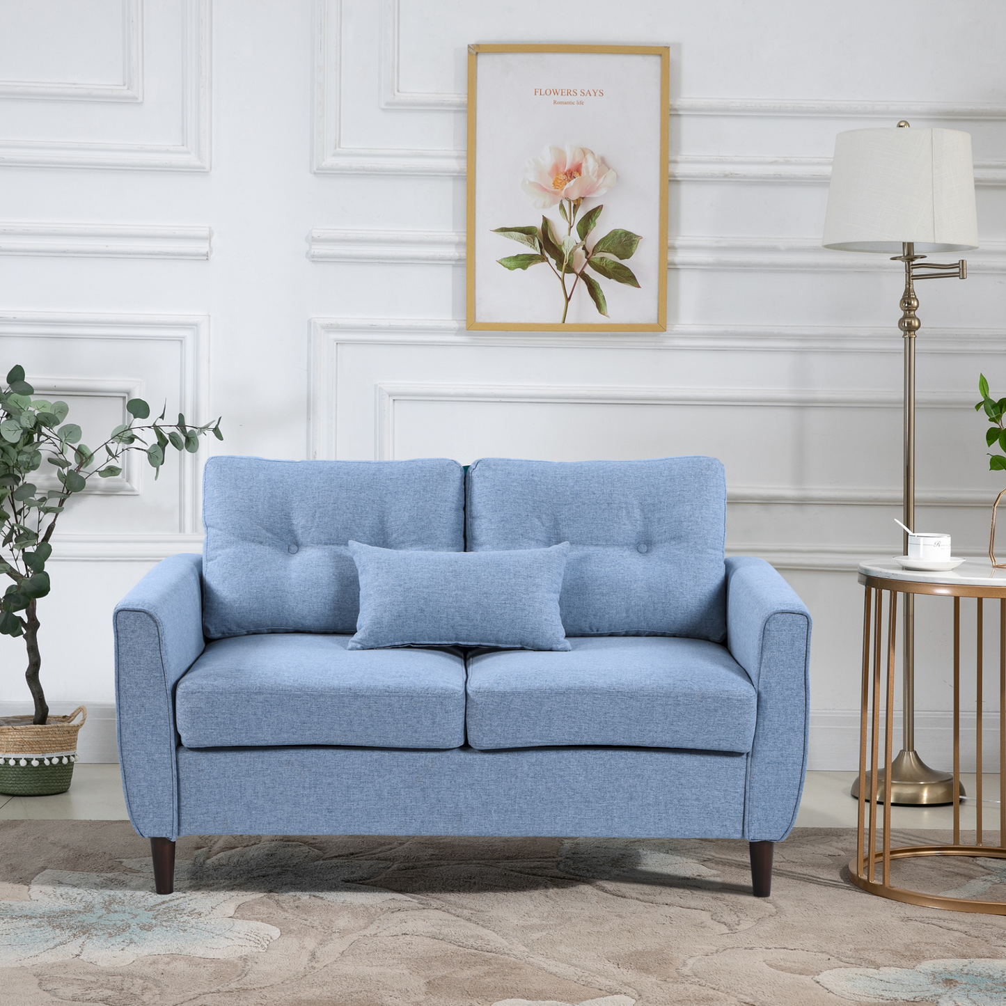 2 Seat Sofa Double Sofa Loveseat Fabric Wooden Legs Tufted Design for Living Room, Dining Room, Office, Light Blue MyLibelula