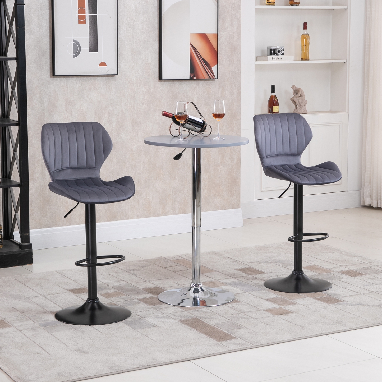 HOMCOM Set of 2 Grey Velvet-Touch Adjustable Height Swivel Bar Stools with Footrest MyLibelula