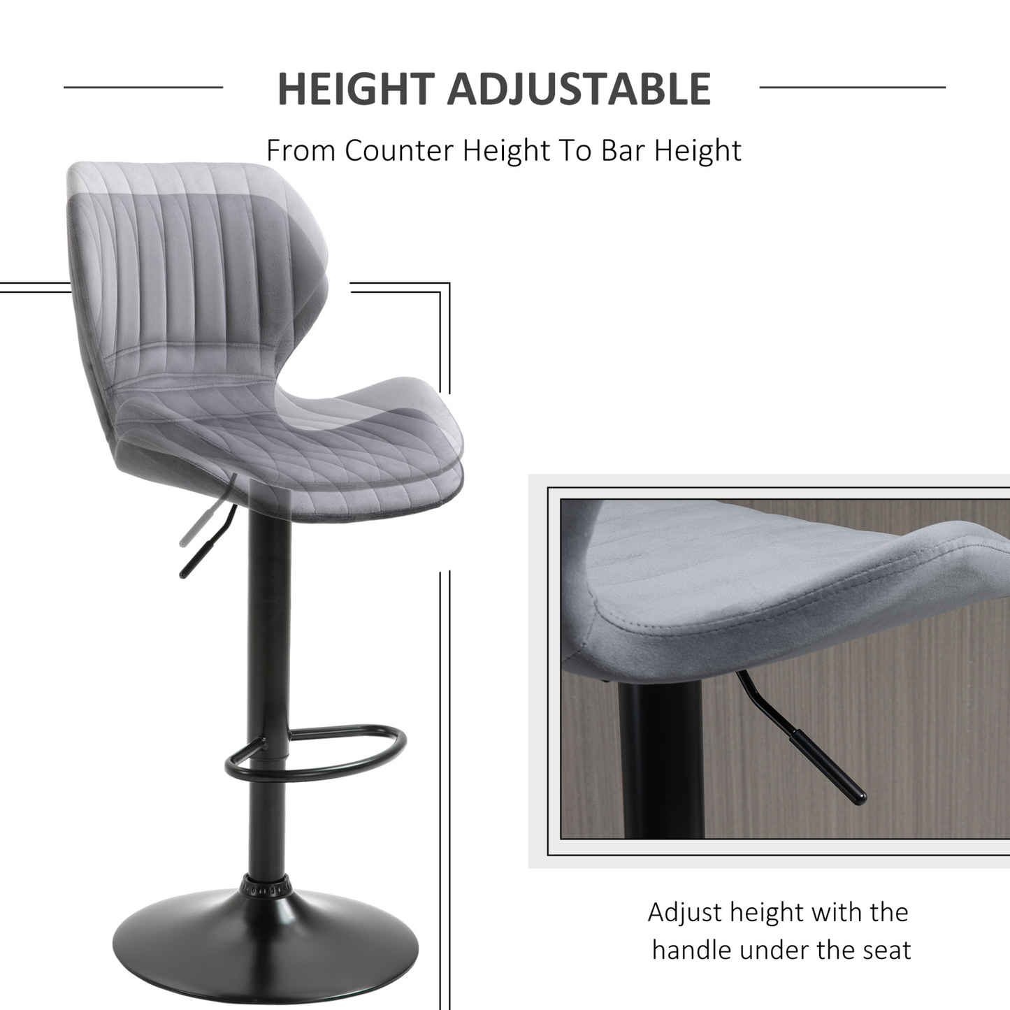 HOMCOM Set of 2 Grey Velvet-Touch Adjustable Height Swivel Bar Stools with Footrest MyLibelula