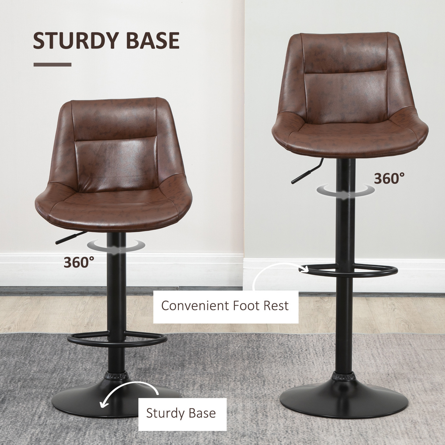 HOMCOM Adjustable Bar Stools Set of 2 - Modern PU Leather Swivel Kitchen Stools with Footrest, Brown MyLibelula