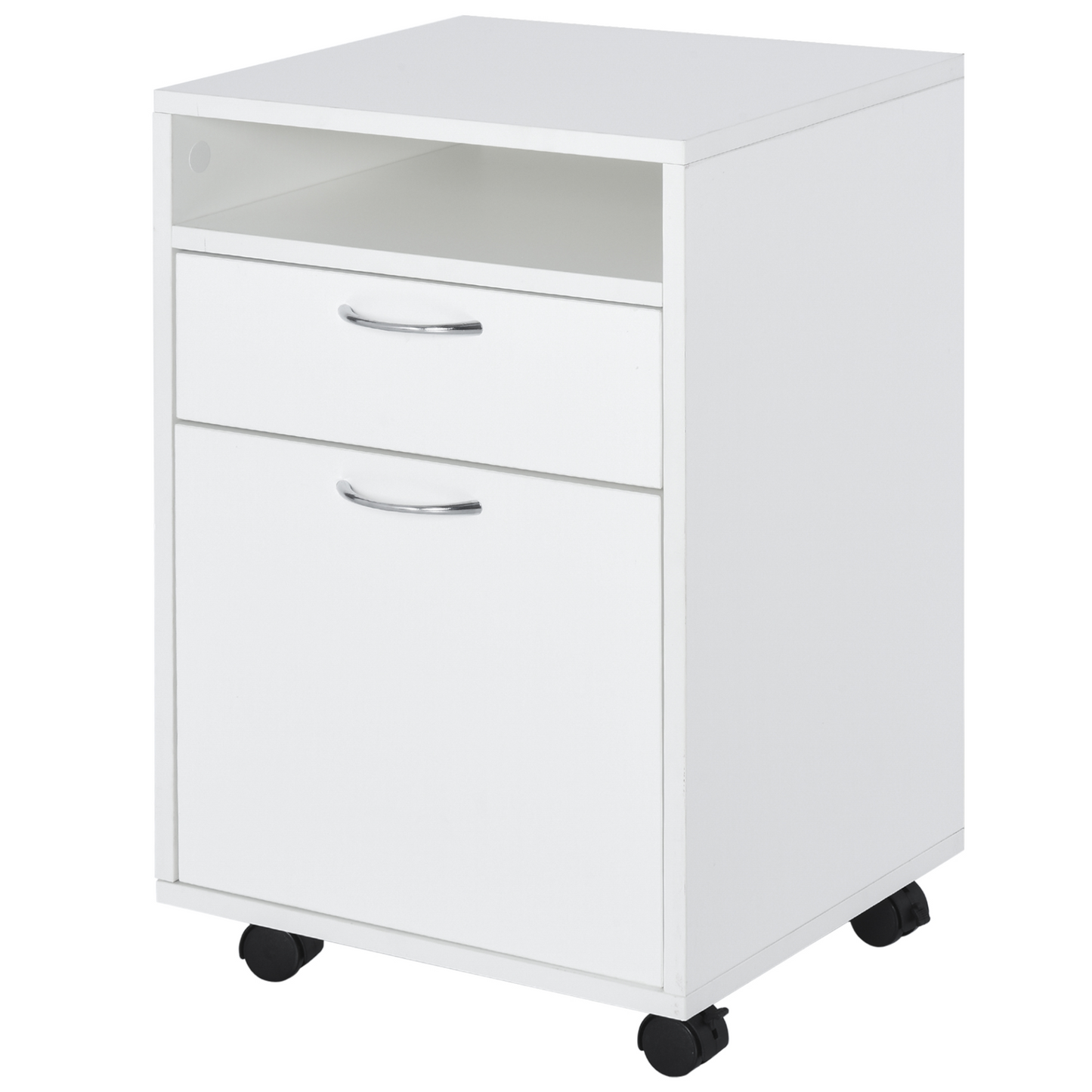 HOMCOM 60cm Mobile Storage Cabinet with Drawer, Open Shelf, Metal Handles & Wheels - White Office & Home Organizer MyLibelula