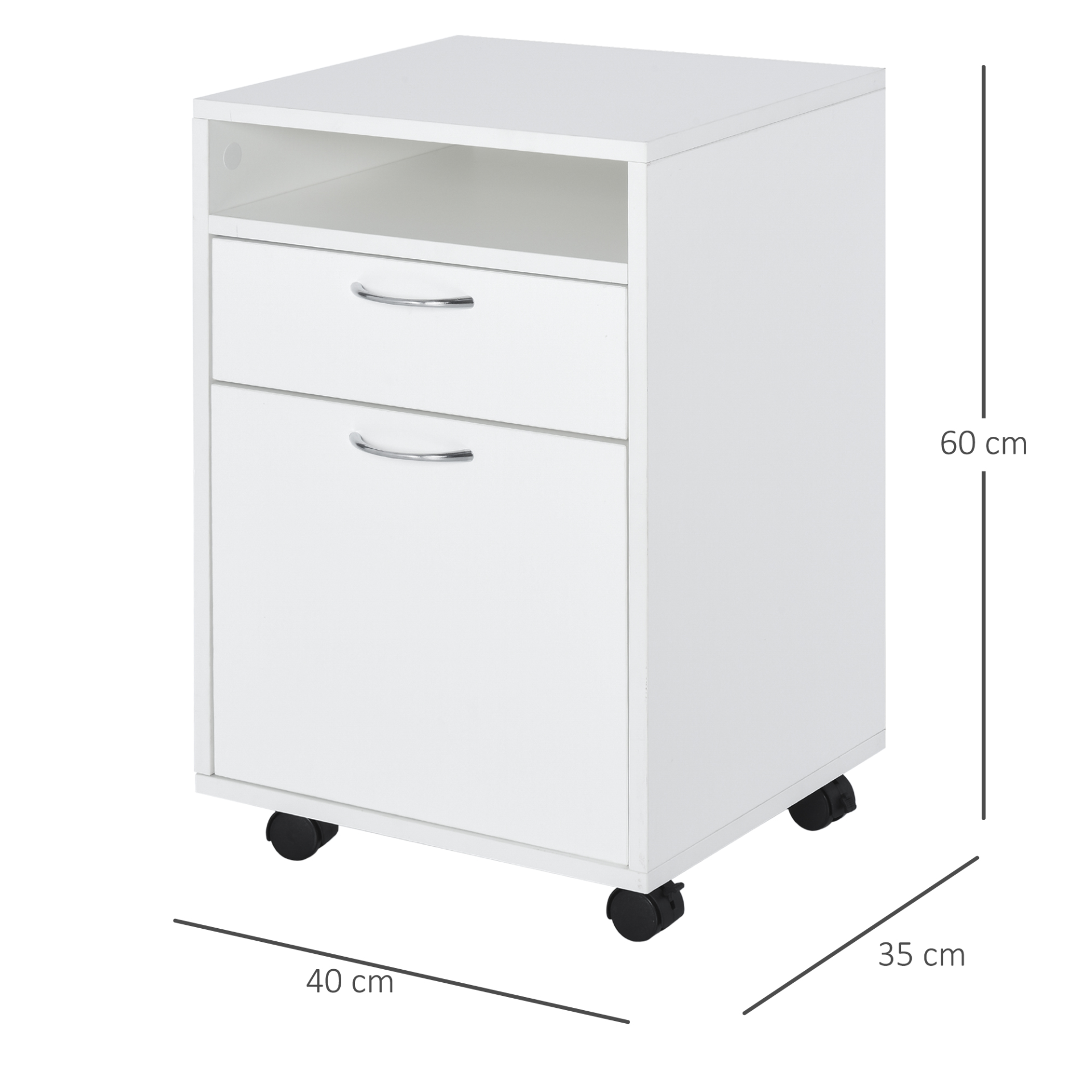 HOMCOM 60cm Mobile Storage Cabinet with Drawer, Open Shelf, Metal Handles & Wheels - White Office & Home Organizer MyLibelula