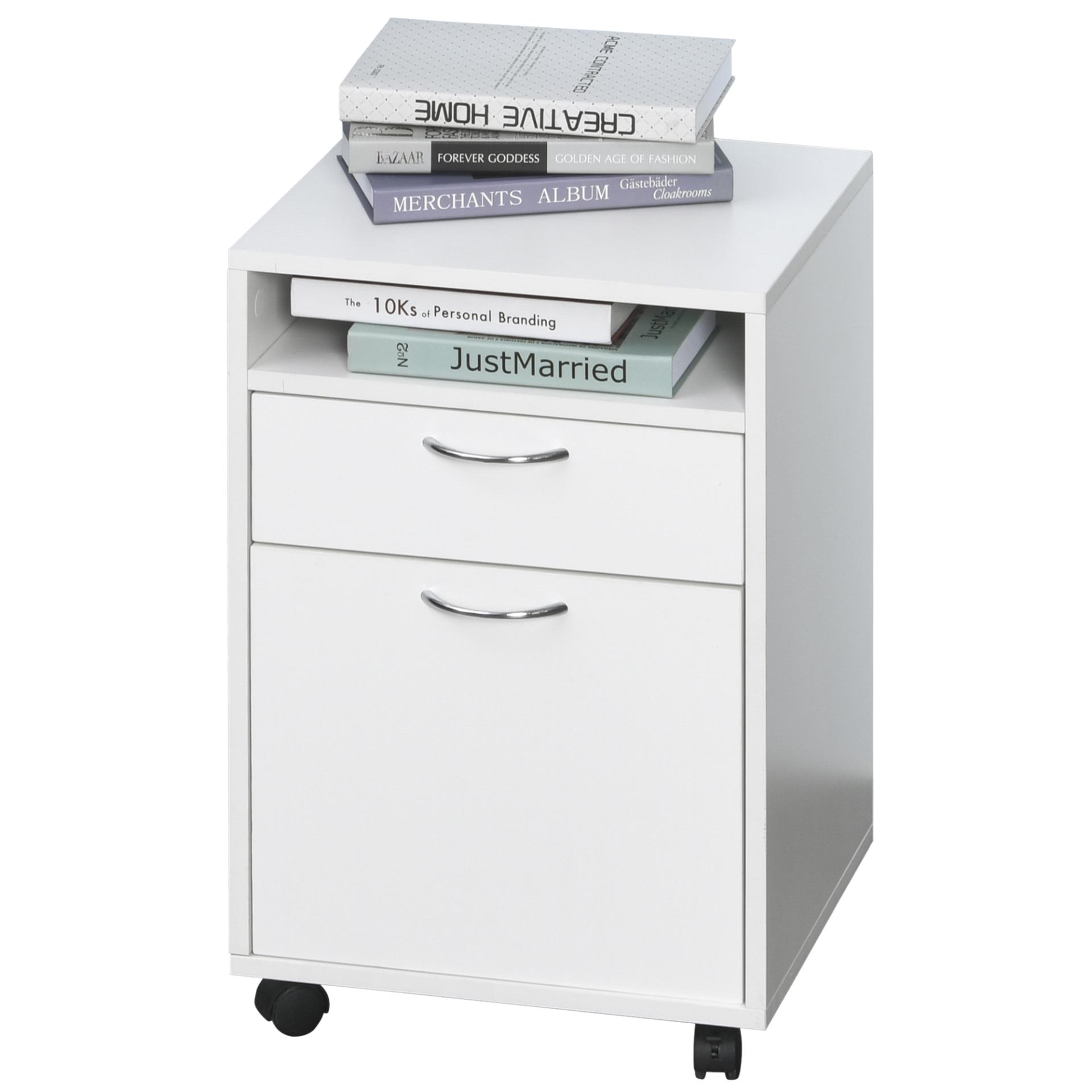 HOMCOM 60cm Mobile Storage Cabinet with Drawer, Open Shelf, Metal Handles & Wheels - White Office & Home Organizer MyLibelula