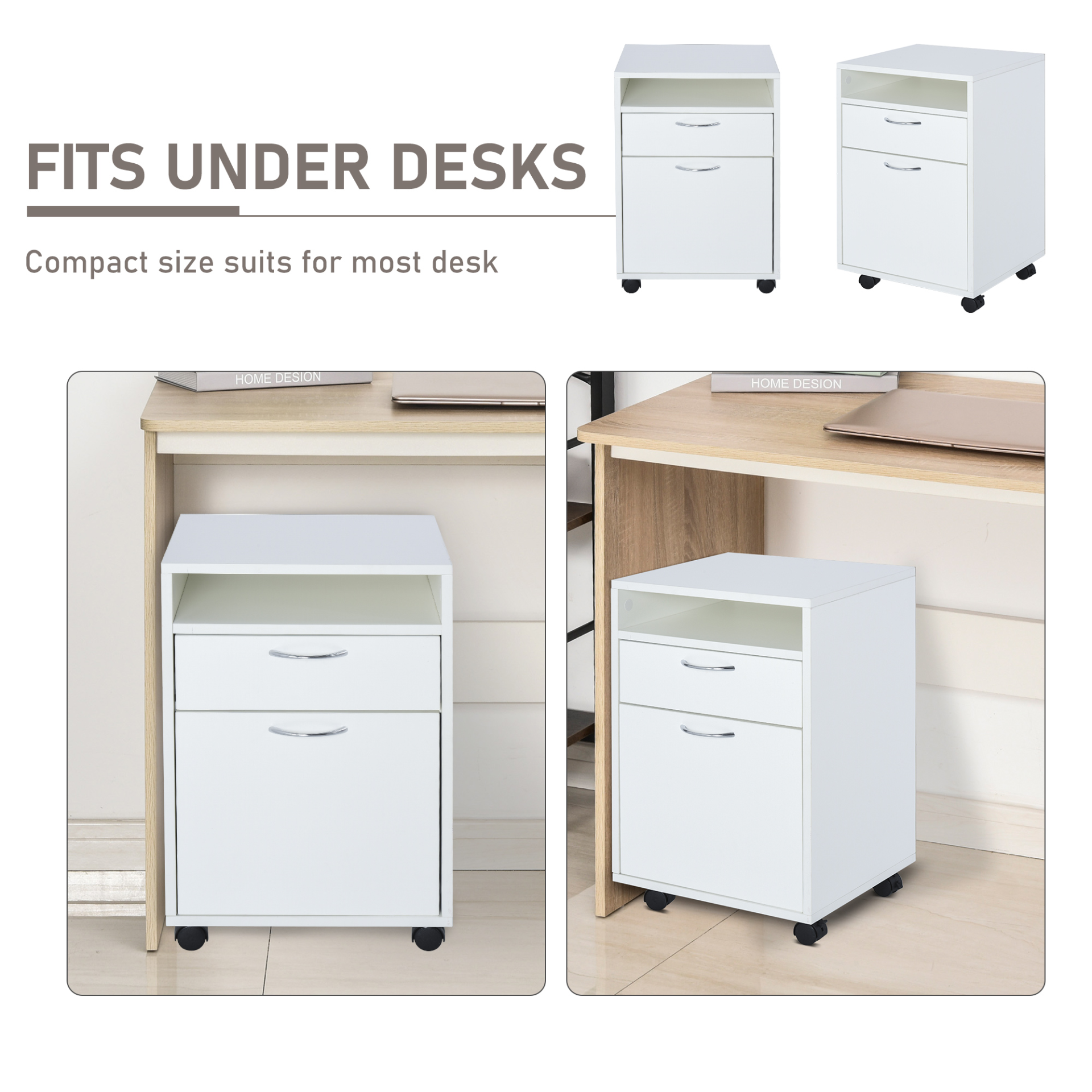 HOMCOM 60cm Mobile Storage Cabinet with Drawer, Open Shelf, Metal Handles & Wheels - White Office & Home Organizer MyLibelula