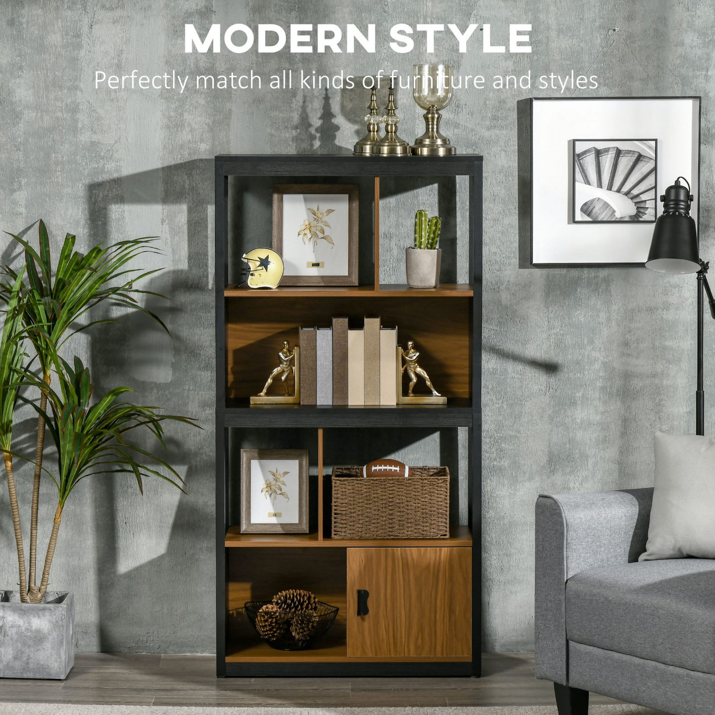 HOMCOM Modern 4-Tier Bookshelf with Storage Shelving and Closed Cabinet, Walnut Brown - Ideal for Living Room, Home Office, and Study MyLibelula