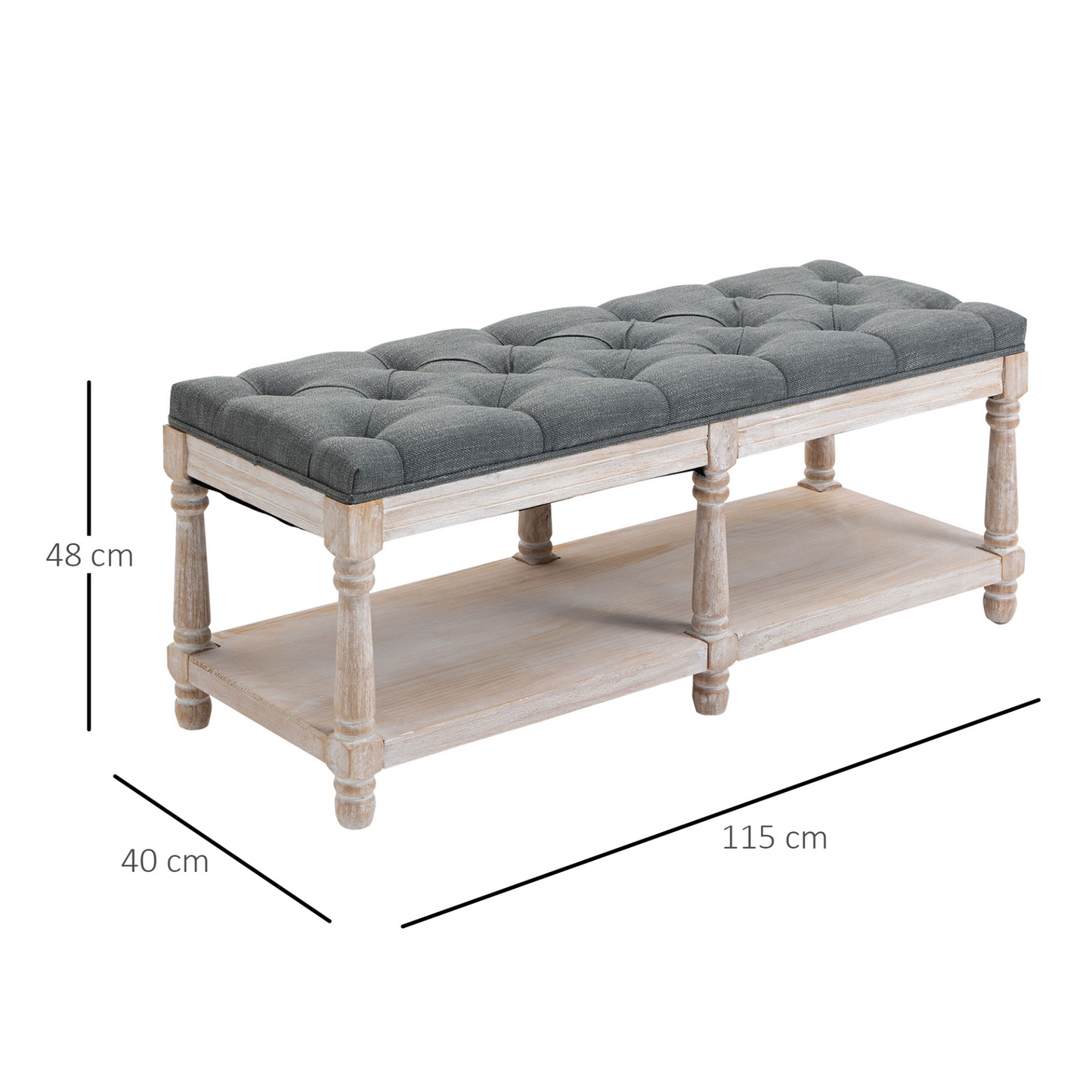 HOMCOM 2-Tier Bed End Bench with Storage Shelf, Button Tufted Upholstered Footstool, Vintage Stool for Living Room, Bedroom, Entryway, Grey MyLibelula