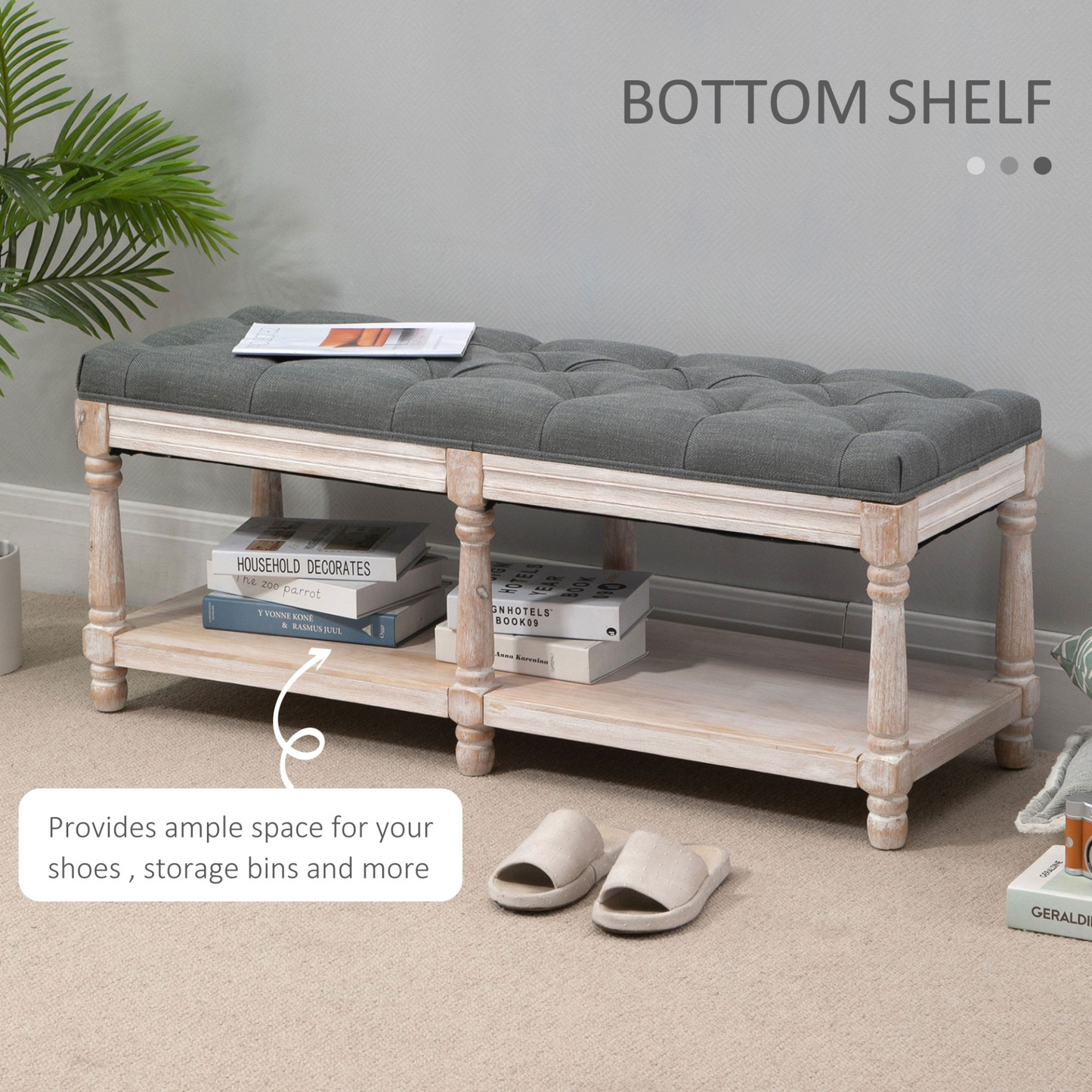 HOMCOM 2-Tier Bed End Bench with Storage Shelf, Button Tufted Upholstered Footstool, Vintage Stool for Living Room, Bedroom, Entryway, Grey MyLibelula