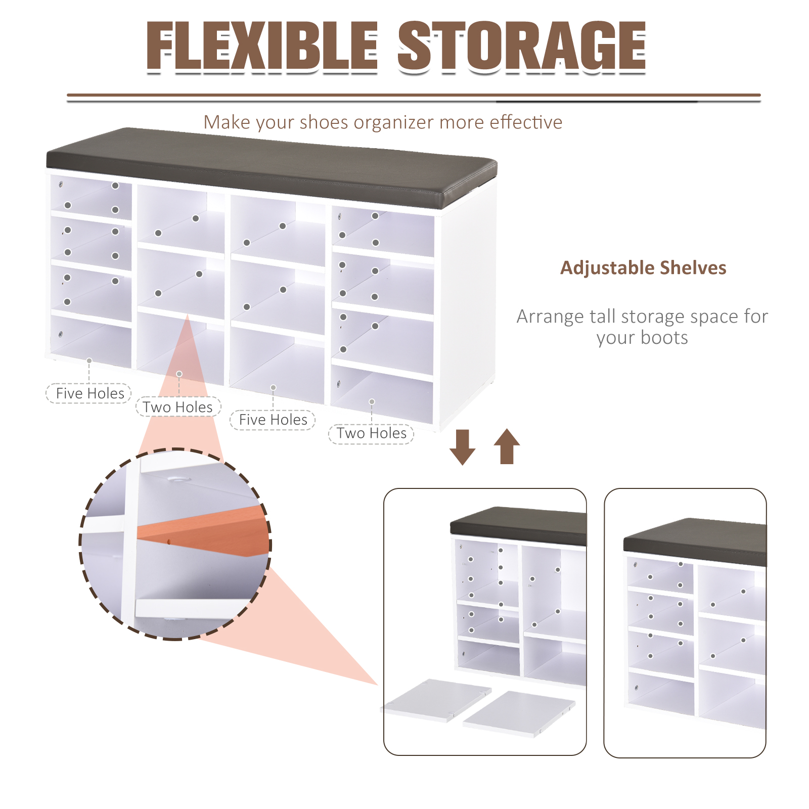 HOMCOM Multi-Storage Shoe Rack w/ 14 Compartments, Cushion, Adjustable Shelves, Solid Frame - White MyLibelula