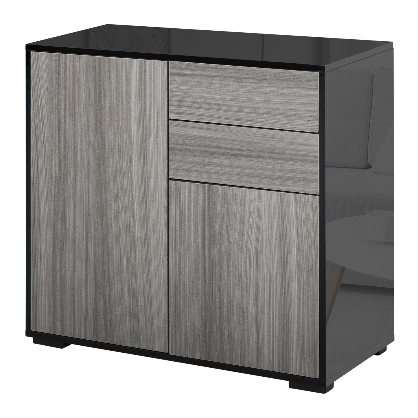 HOMCOM High Gloss Sideboard with Push-Open 2 Drawers for Living Room, Bedroom - Light Grey & Black MyLibelula