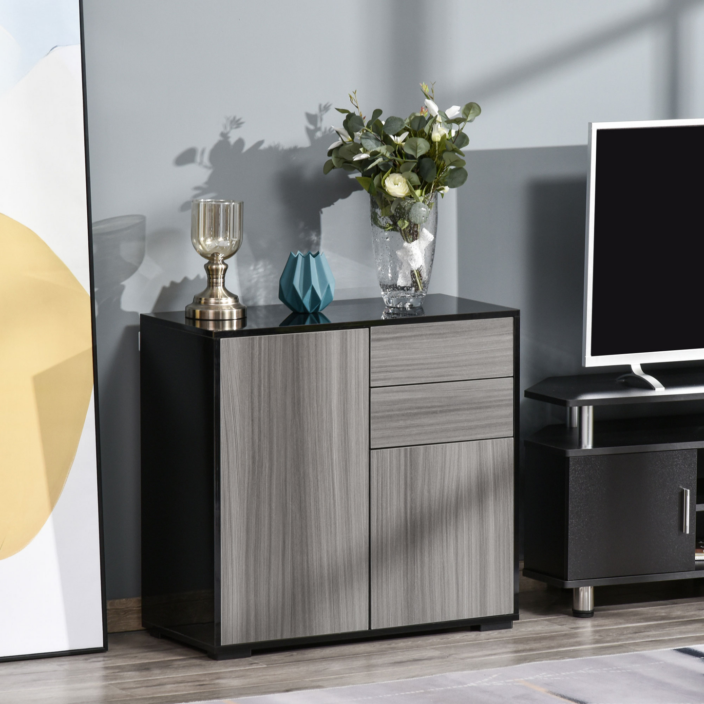 HOMCOM High Gloss Sideboard with Push-Open 2 Drawers for Living Room, Bedroom - Light Grey & Black MyLibelula