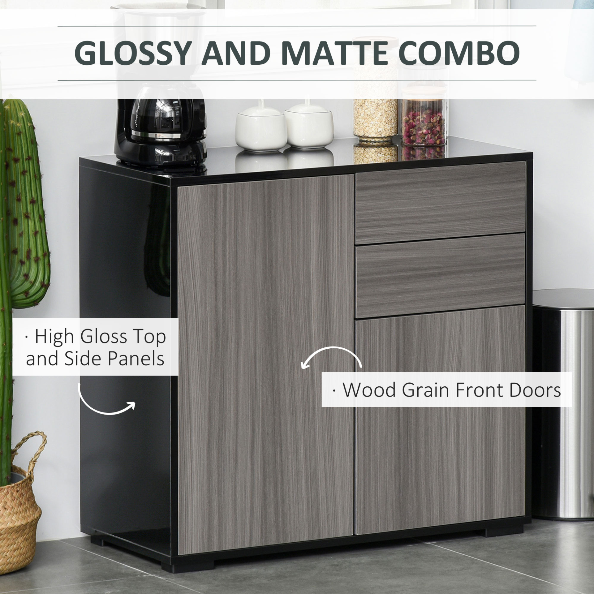 HOMCOM High Gloss Sideboard with Push-Open 2 Drawers for Living Room, Bedroom - Light Grey & Black MyLibelula