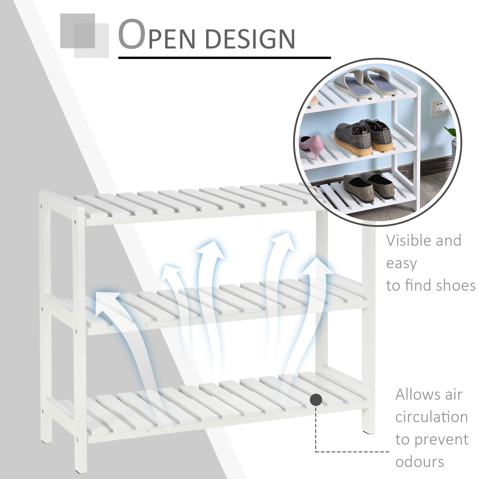 HOMCOM 3-Tier Shoe Rack - Durable Wood Frame, Slatted Shelves, Open Design, Hygienic Storage for Home & Hallway - White MyLibelula