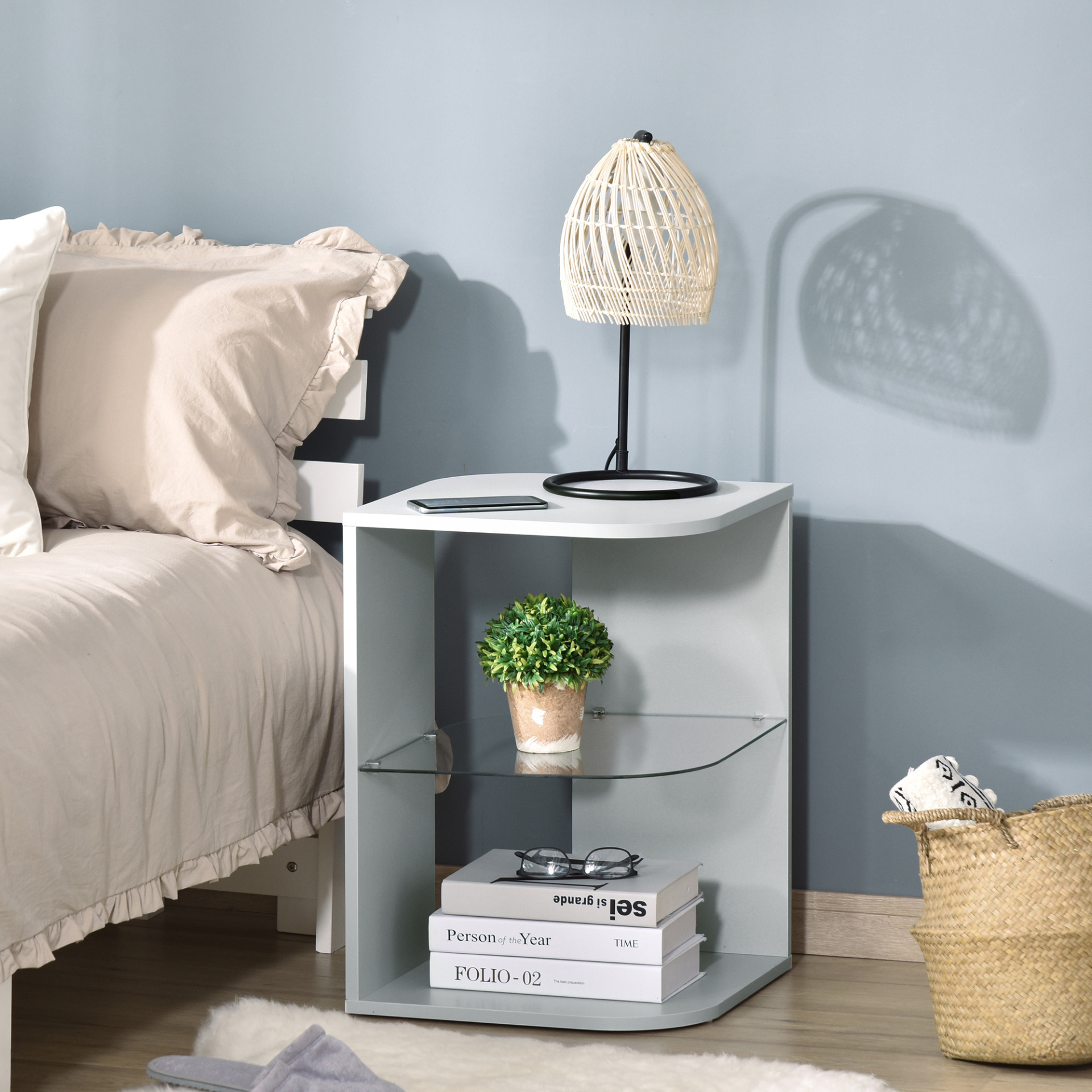 HOMCOM Modern Grey Side Table - Three Layer Bedside Nightstand with 2 Storage Shelves for Living Room & Bedroom MyLibelula