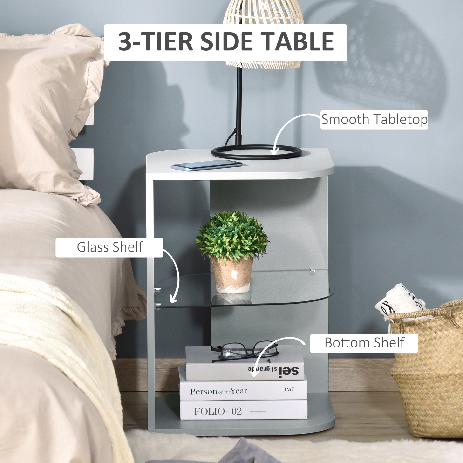 HOMCOM Modern Grey Side Table - Three Layer Bedside Nightstand with 2 Storage Shelves for Living Room & Bedroom MyLibelula