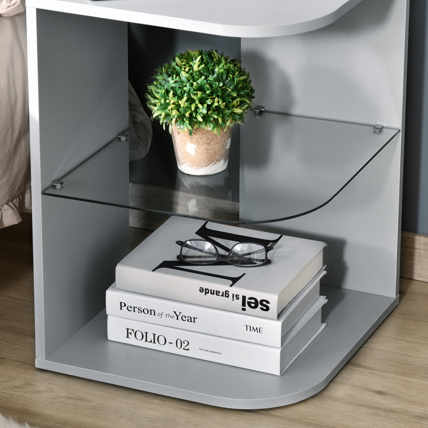 HOMCOM Modern Grey Side Table - Three Layer Bedside Nightstand with 2 Storage Shelves for Living Room & Bedroom MyLibelula