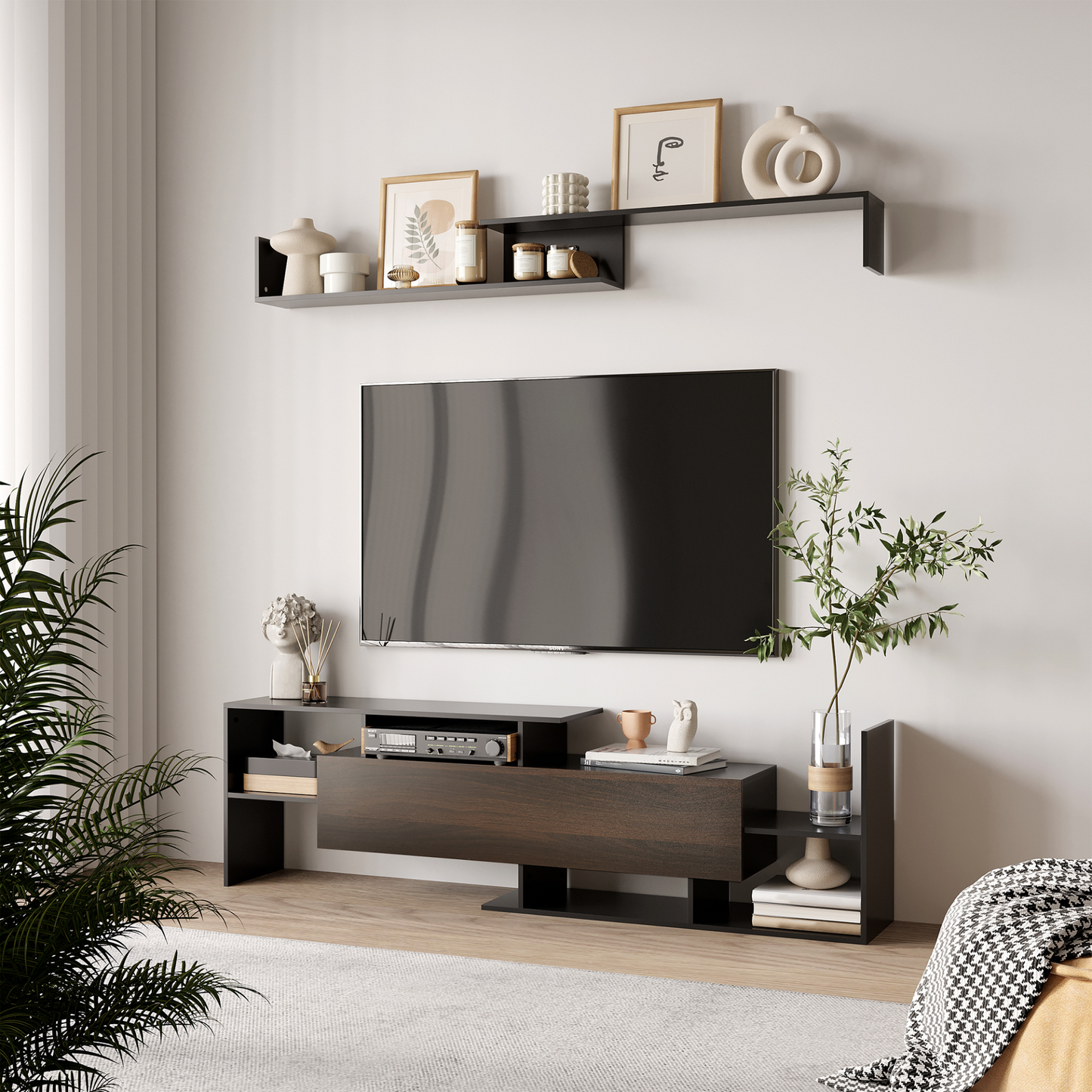 HOMCOM Modern TV Cabinet with Wall Shelf, TV Unit with Storage Shelf and Cabinet, for Wall-Mounted 65" TVs or Standing 50" TVs, Black and Dark Brown MyLibelula