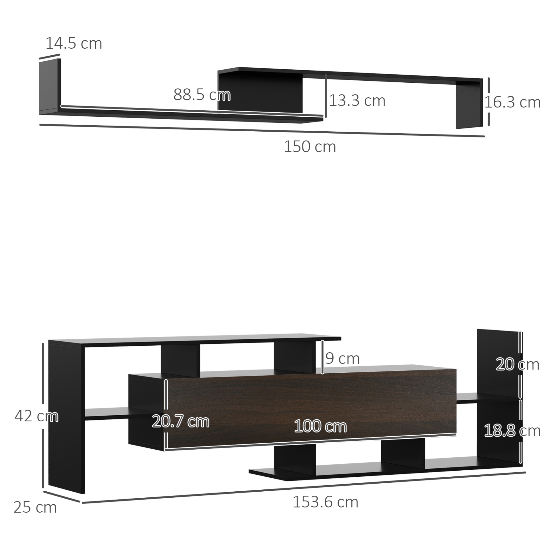 HOMCOM Modern TV Cabinet with Wall Shelf, TV Unit with Storage Shelf and Cabinet, for Wall-Mounted 65" TVs or Standing 50" TVs, Black and Dark Brown MyLibelula