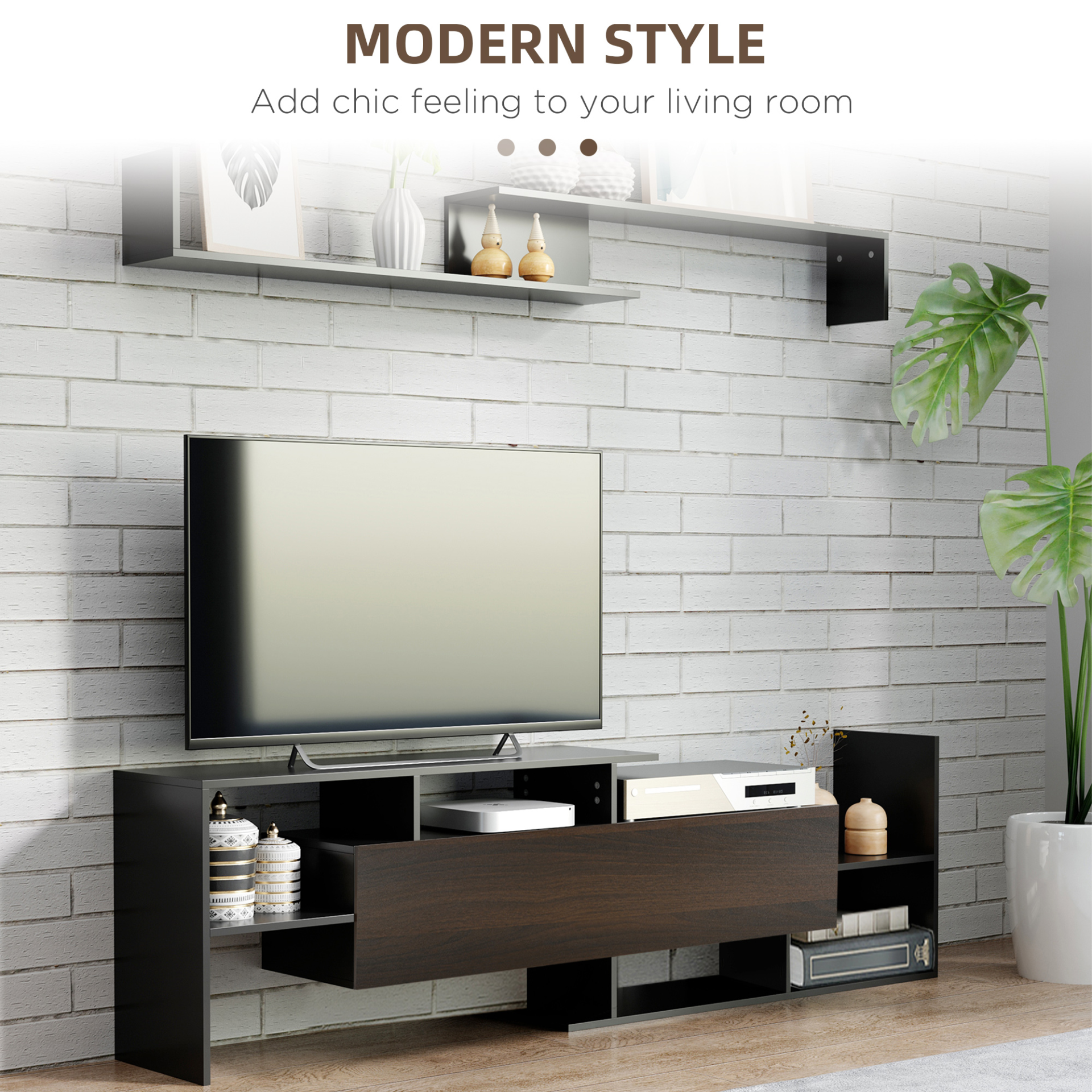 HOMCOM Modern TV Cabinet with Wall Shelf, TV Unit with Storage Shelf and Cabinet, for Wall-Mounted 65" TVs or Standing 50" TVs, Black and Dark Brown MyLibelula