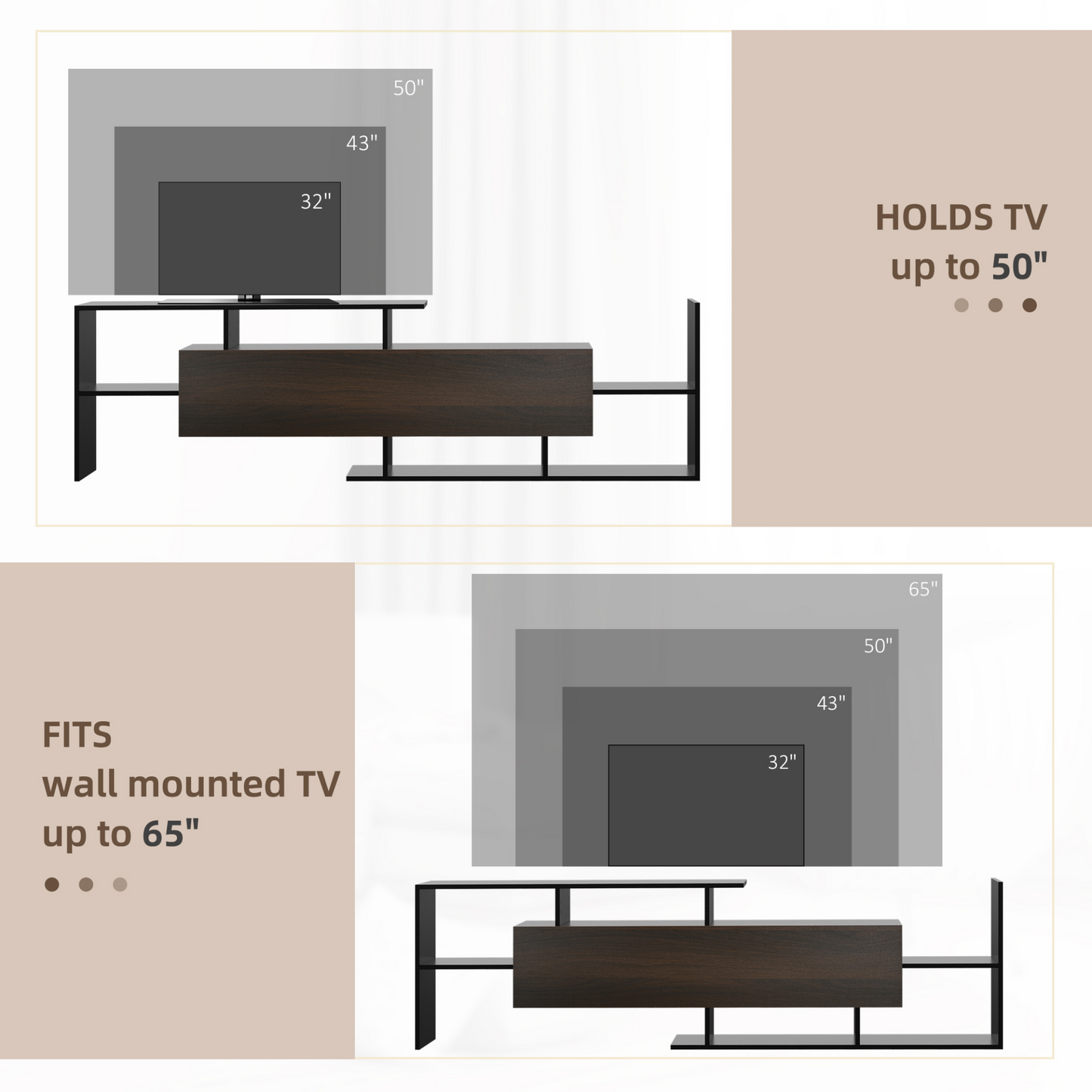 HOMCOM Modern TV Cabinet with Wall Shelf, TV Unit with Storage Shelf and Cabinet, for Wall-Mounted 65" TVs or Standing 50" TVs, Black and Dark Brown MyLibelula