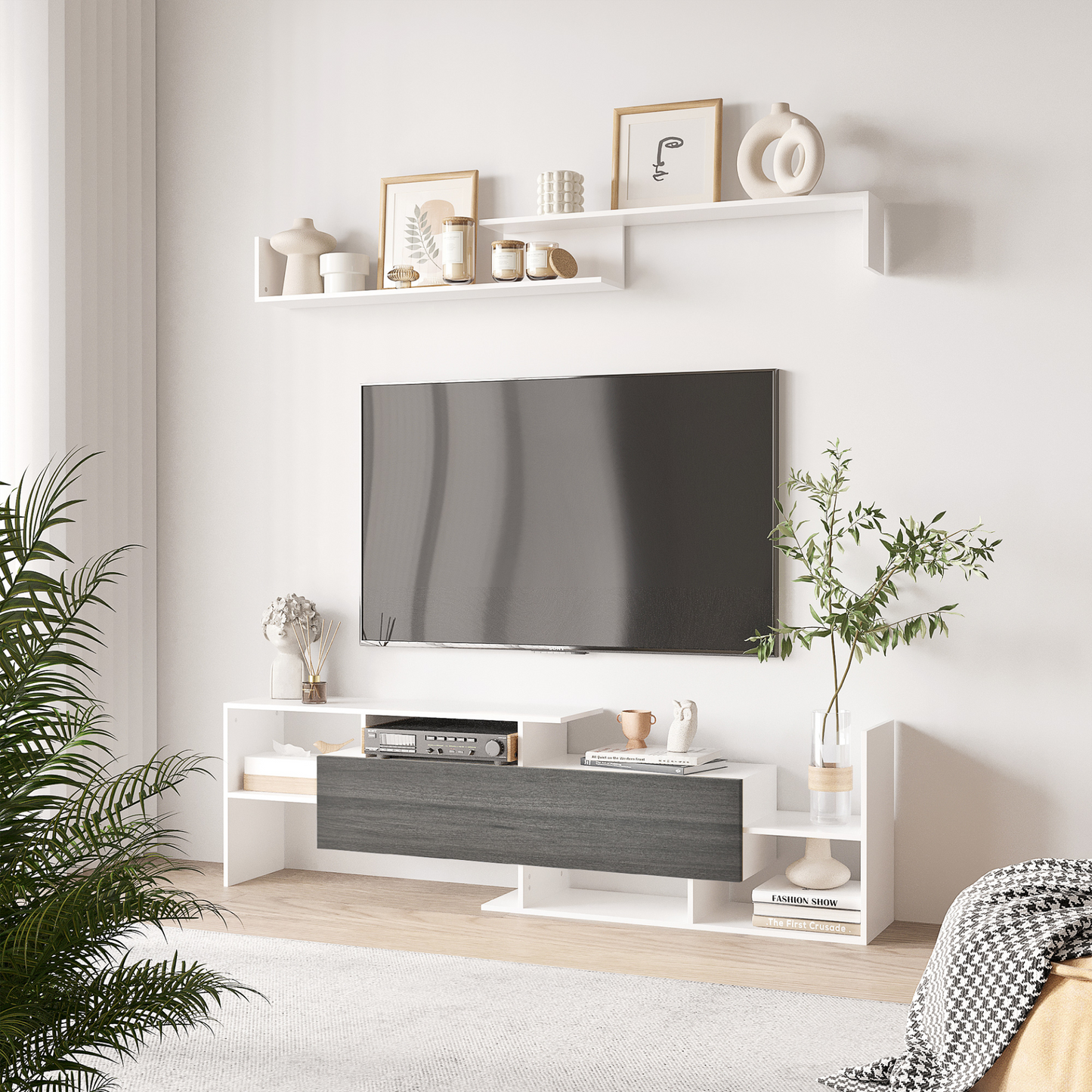 HOMCOM Modern TV Cabinet with Wall Shelf, TV Unit with Storage Shelf and Cabinet, for Wall-Mounted 65" TVs or Standing 50" TVs, White and Grey MyLibelula