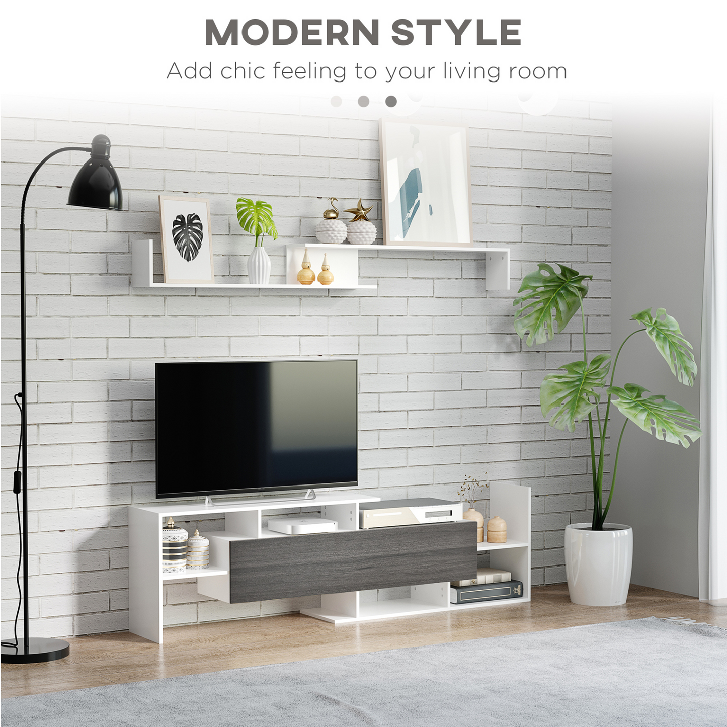 HOMCOM Modern TV Cabinet with Wall Shelf, TV Unit with Storage Shelf and Cabinet, for Wall-Mounted 65" TVs or Standing 50" TVs, White and Grey MyLibelula