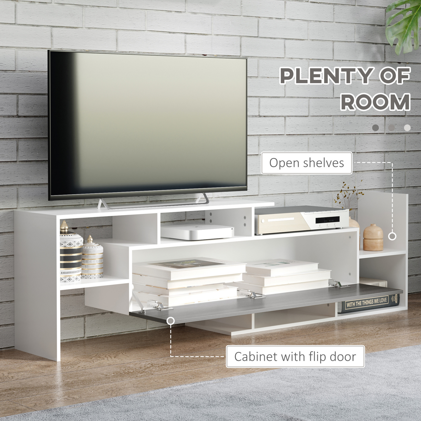 HOMCOM Modern TV Cabinet with Wall Shelf, TV Unit with Storage Shelf and Cabinet, for Wall-Mounted 65" TVs or Standing 50" TVs, White and Grey MyLibelula