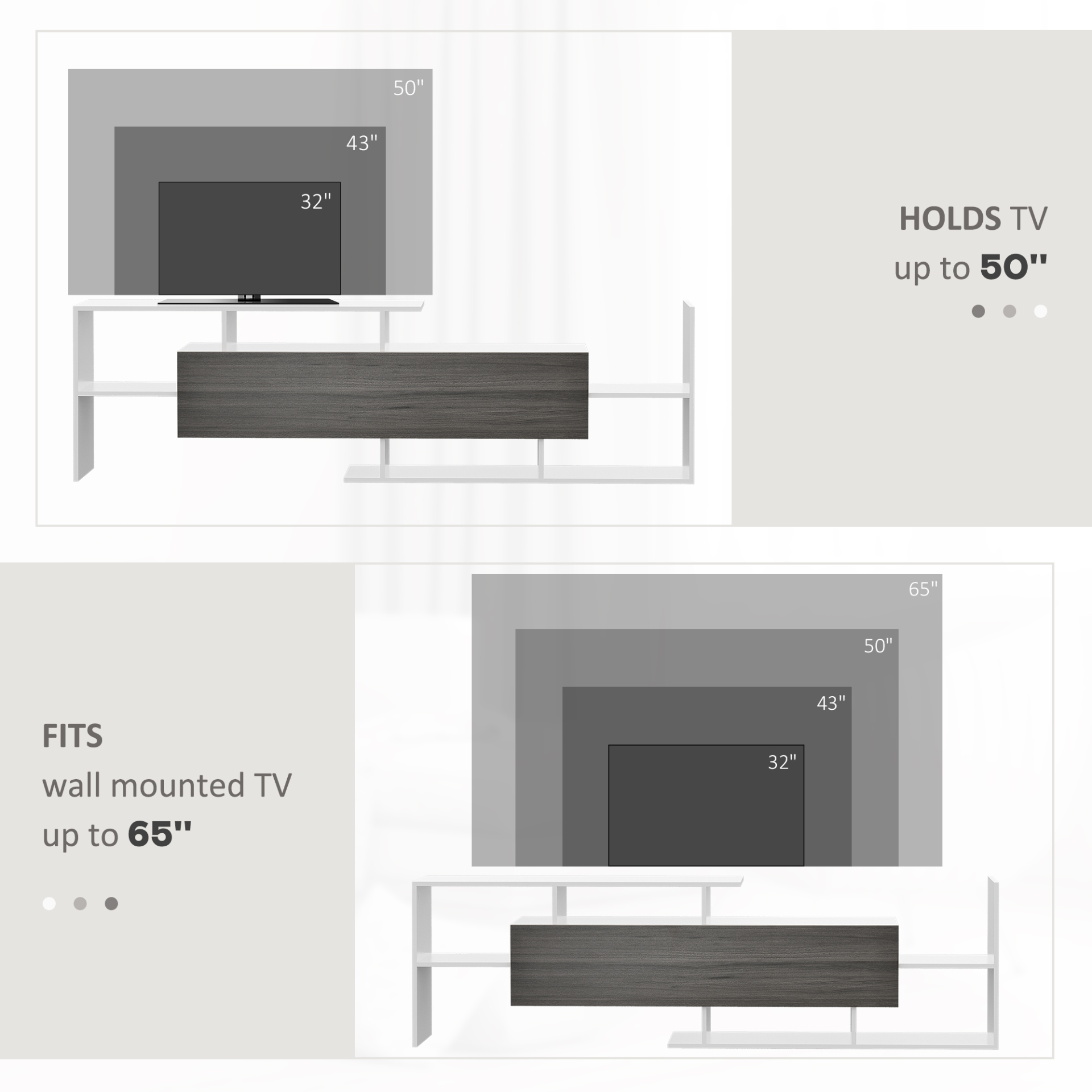 HOMCOM Modern TV Cabinet with Wall Shelf, TV Unit with Storage Shelf and Cabinet, for Wall-Mounted 65" TVs or Standing 50" TVs, White and Grey MyLibelula