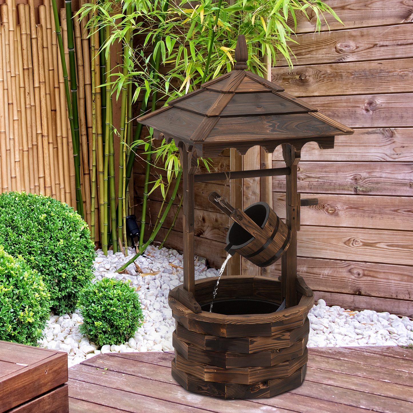 Outsunny Wooden Garden Wishing Well Fountain - Rustic Wood Waterfall with Pump for Outdoor Decor MyLibelula