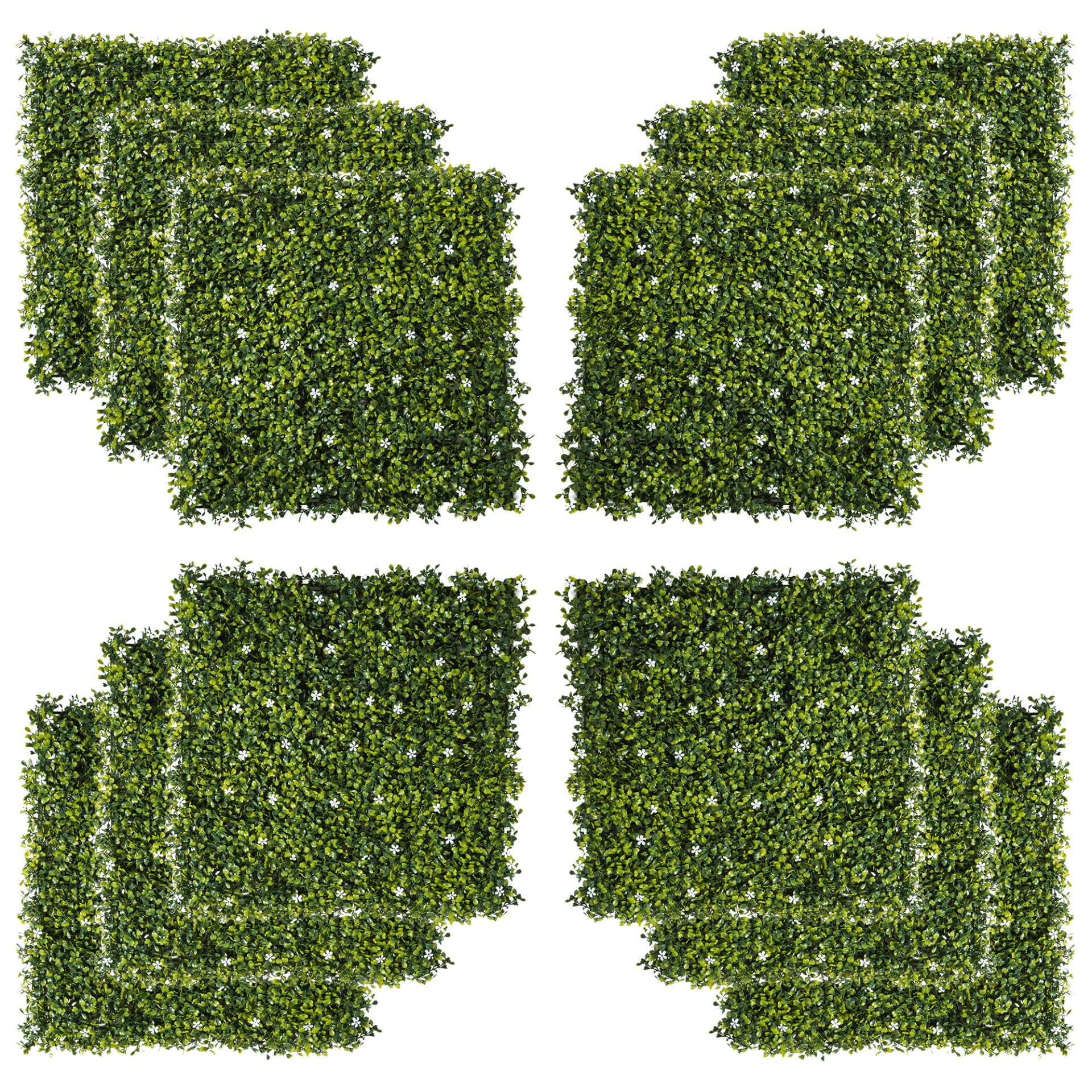 Outsunny 12PCS Artificial Boxwood Wall Panels 50cm x 50cm Grass Privacy Fence Screen Faux Hedge Greenery Backdrop Encrypted Milan Grass with White Flowers for Home Garden Backyard Balcony MyLibelula