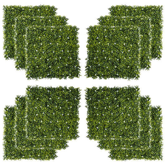 Outsunny 12PCS Artificial Boxwood Wall Panels 50cm x 50cm Grass Privacy Fence Screen Faux Hedge Greenery Backdrop Encrypted Milan Grass with White Flowers for Home Garden Backyard Balcony MyLibelula