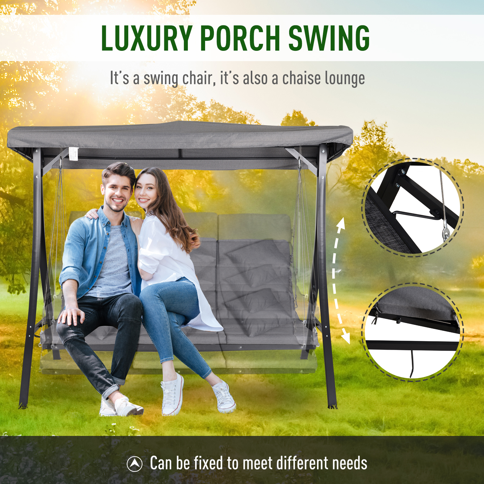 Outsunny 3 Seater Garden Swing Seat with Adjustable Canopy - Grey MyLibelula