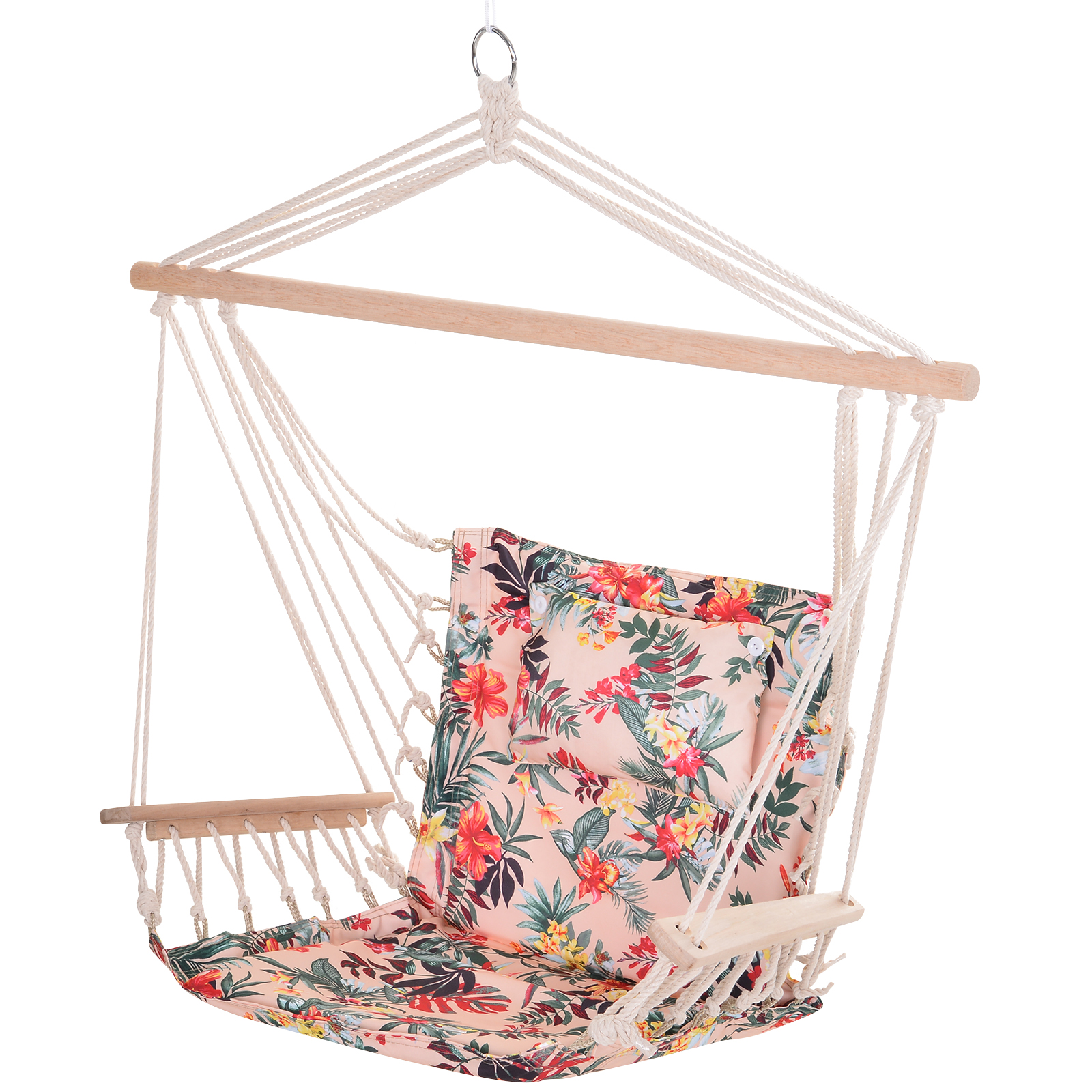 Outsunny Garden Outdoor Hanging Hammock Chair Thick Rope Frame Wooden Arms Safe Wide Seat Garden Outdoor Spot Stylish Multicoloured floral MyLibelula