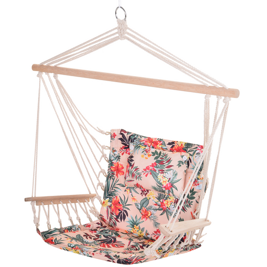 Outsunny Garden Outdoor Hanging Hammock Chair Thick Rope Frame Wooden Arms Safe Wide Seat Garden Outdoor Spot Stylish Multicoloured floral MyLibelula