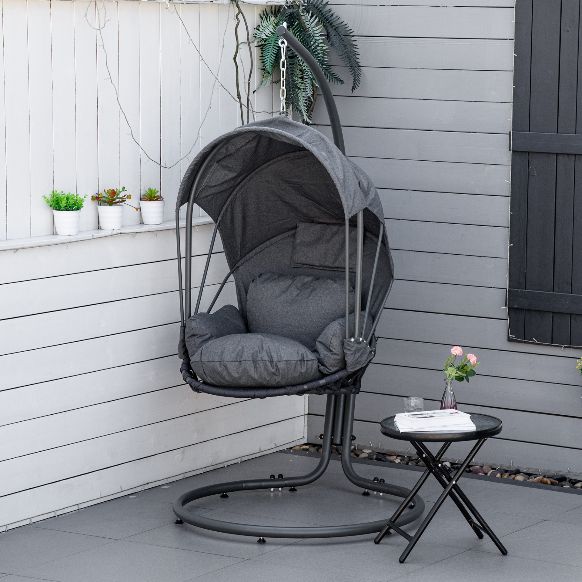 Outsunny Grey Hanging Egg Chair Swing with Stand and Retractable Canopy for Indoor and Outdoor MyLibelula